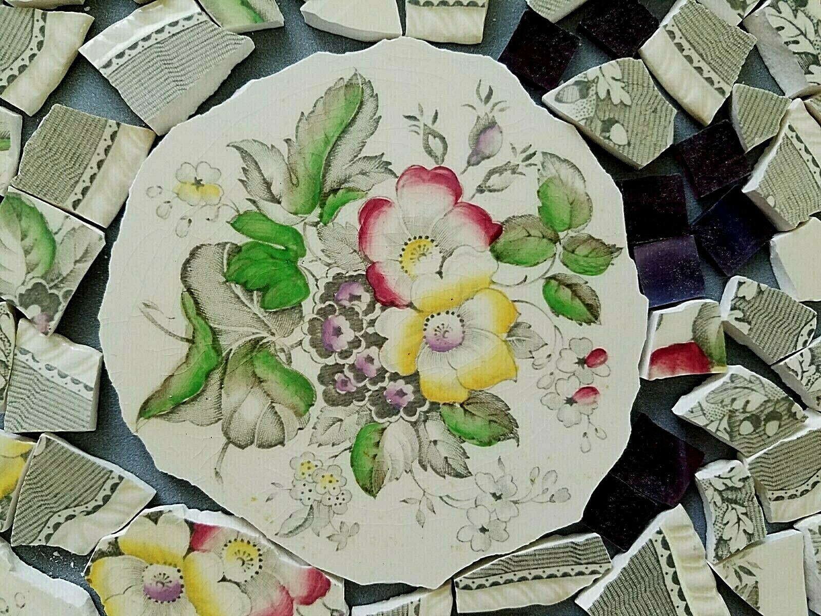 Vtg Shabby Chic Floral Focals + 247 Mosaic Tiles ~ Ridgways Devon Ware