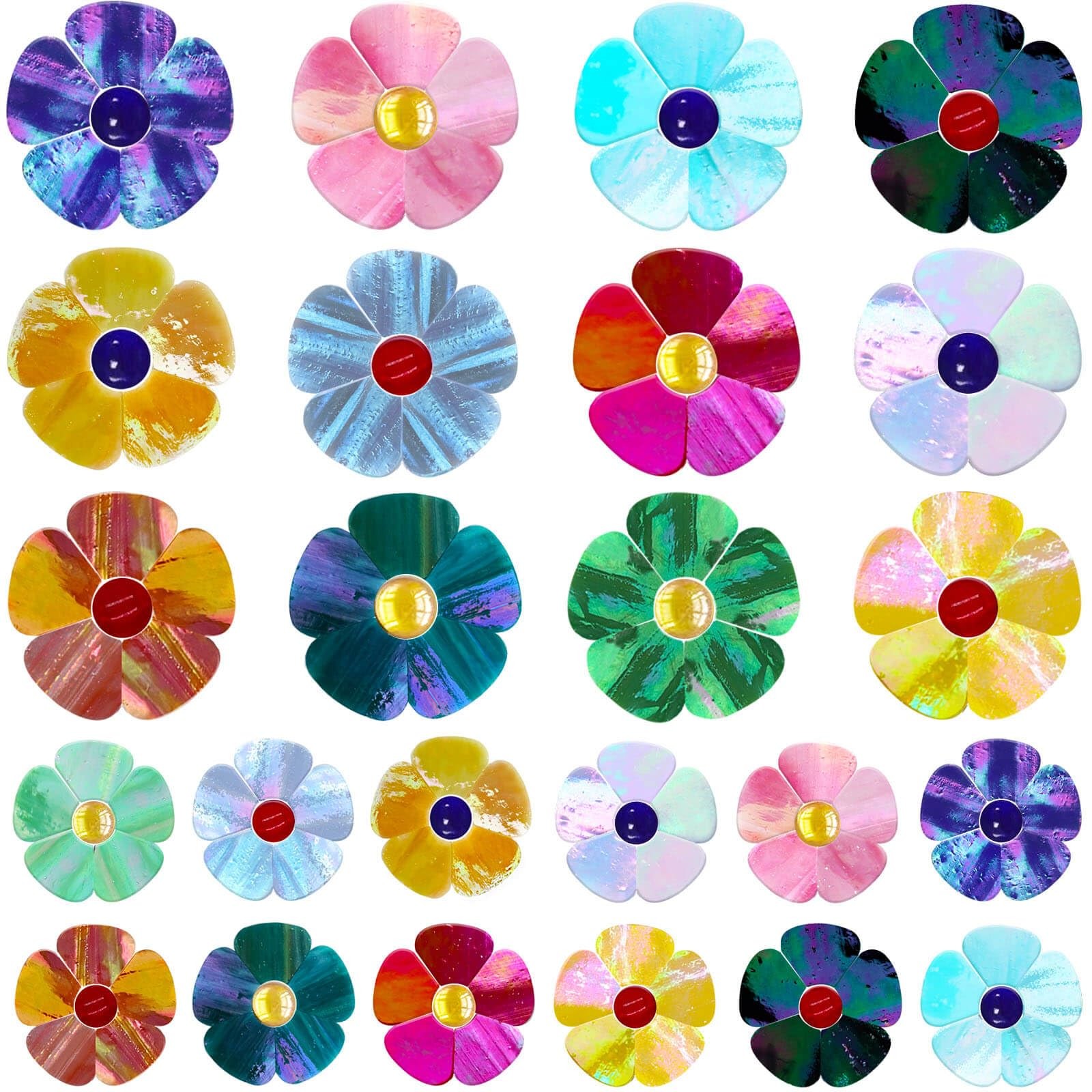 24 Pcs Stained Glass Flower Mosaic Tiles – 12 Iridescent Colors, Large & Smal…