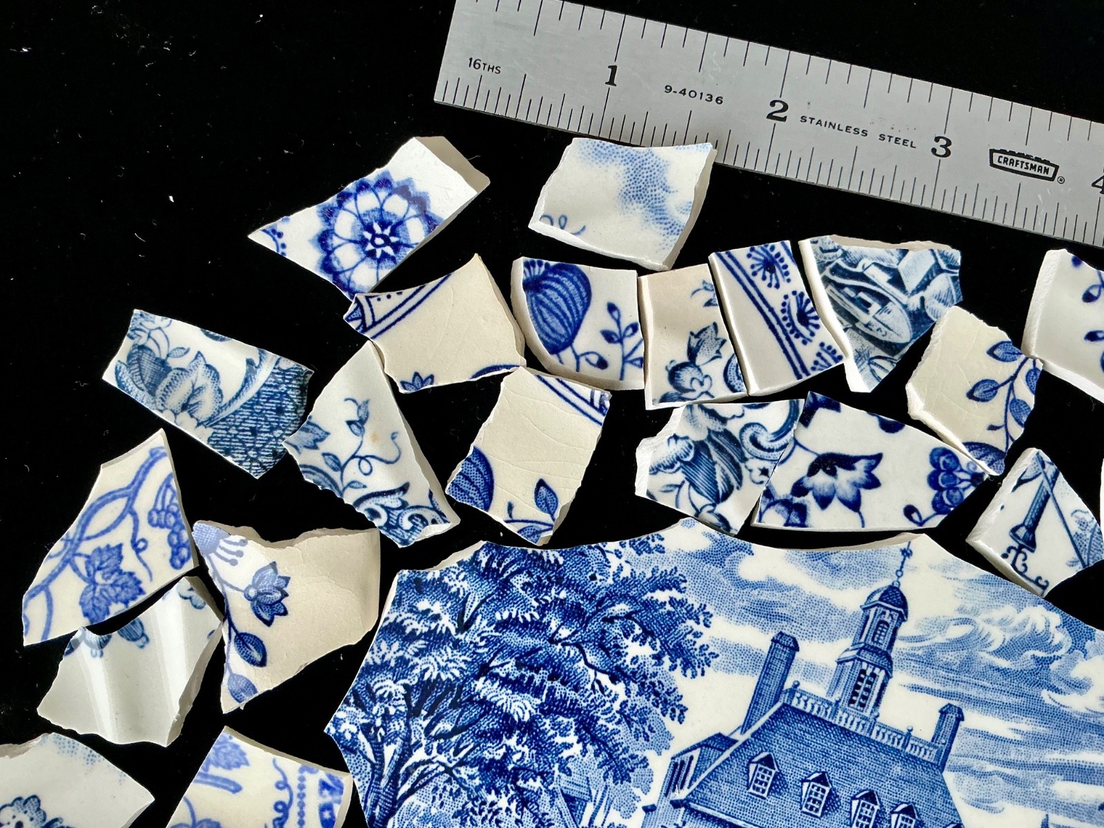 Broken China Mosaic Tiles Blue & White Mix Colonial Williamsburg Focal & 70+pcs