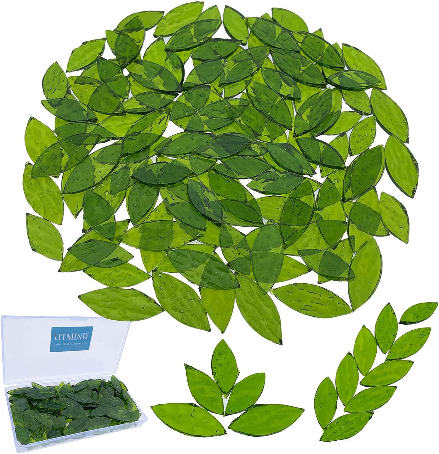 120 Pieces Olive Green Textured Transparent Mosaic Glass Petals & Leaves in 2 Si