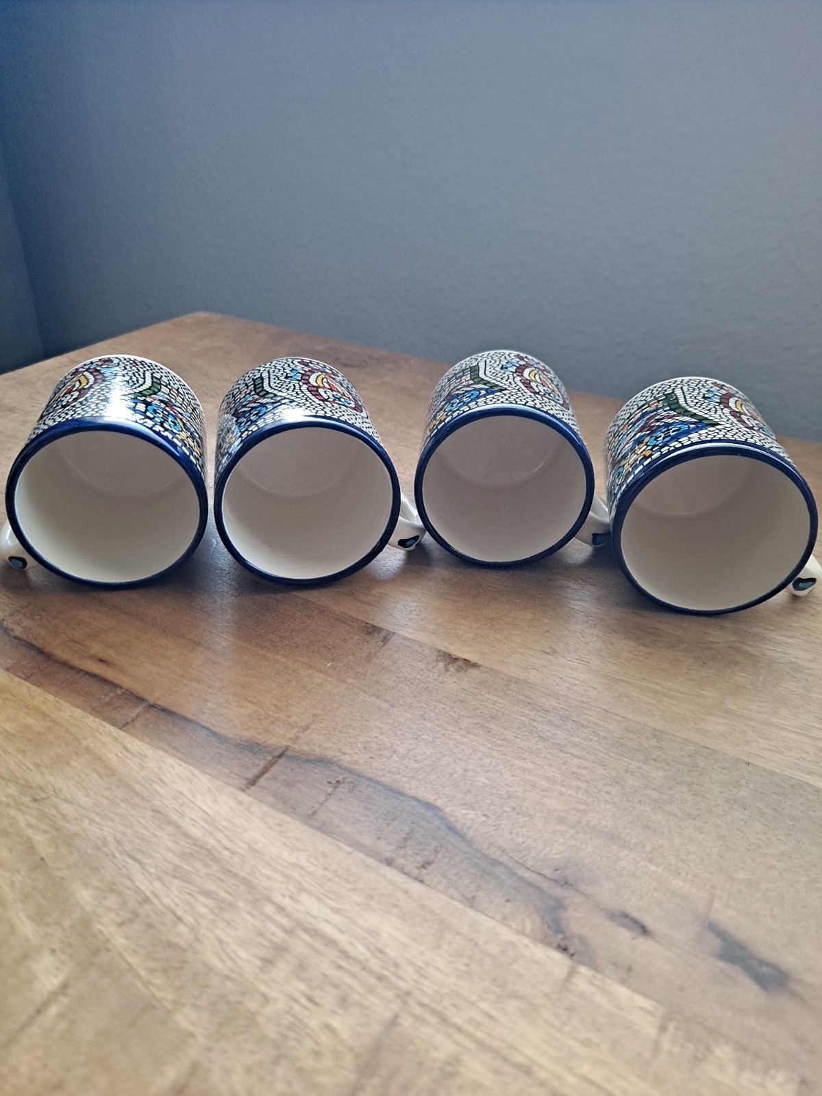 Holy Land Mosaic Mugs unique set of 4 ceramic Blue Colorful Religious