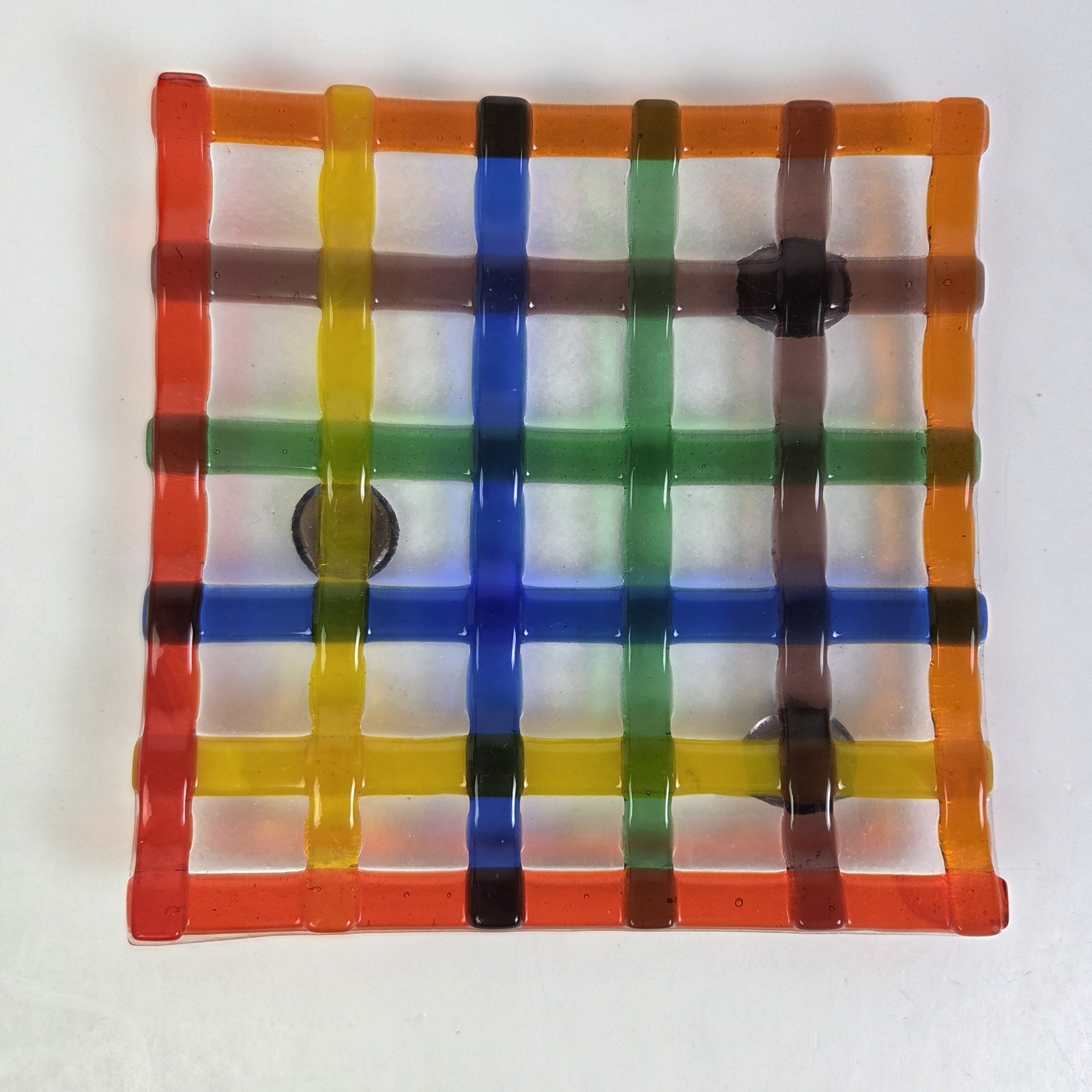 Decorative Tray Fused Art Glass Colorful Woven Pattern