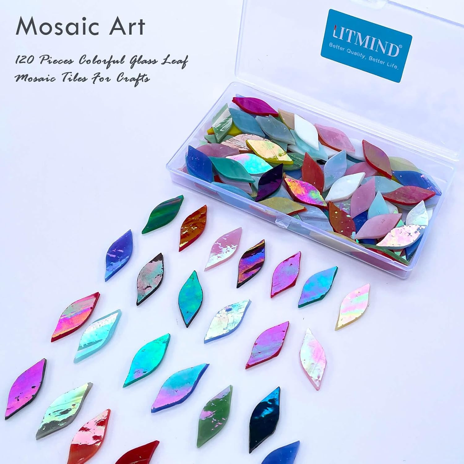 120 Pieces Assorted Colors Iridescent Mosaic Glass Petals & Leaves, Hand-Cut Sta