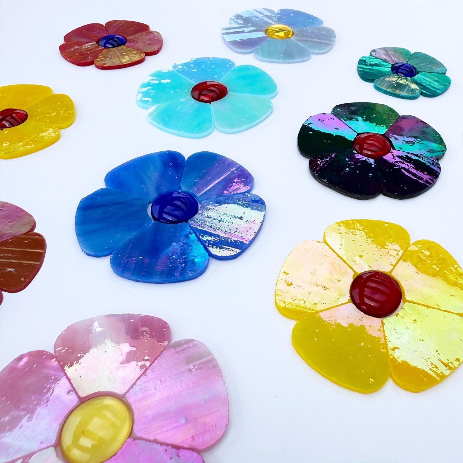 24 Pcs Stained Glass Flower Mosaic Tiles – 12 Iridescent Colors, Large & Smal…