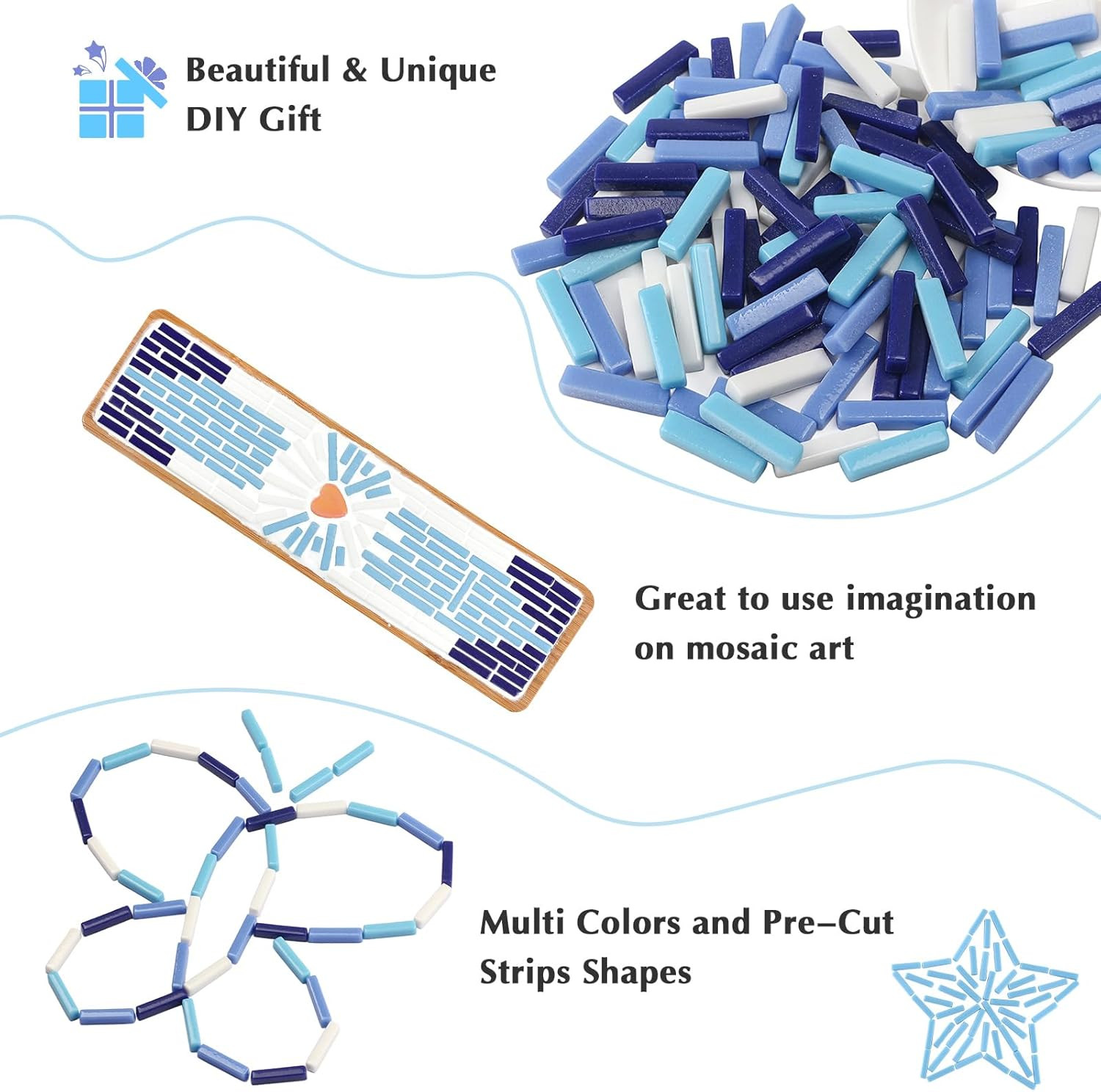 Mosaic Tiles for Crafts Bulk, 200G Blue Colors Glass Pieces, Strips Shapes for D