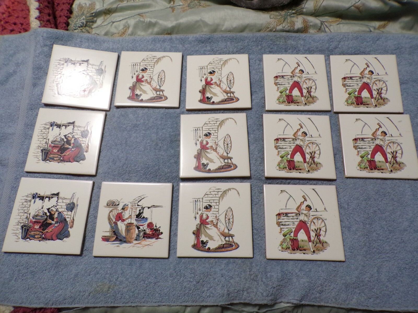 Made in Spain Onda Folk Lore Tile 6×6 Lot of 13 Trivet ? White Working Colonial
