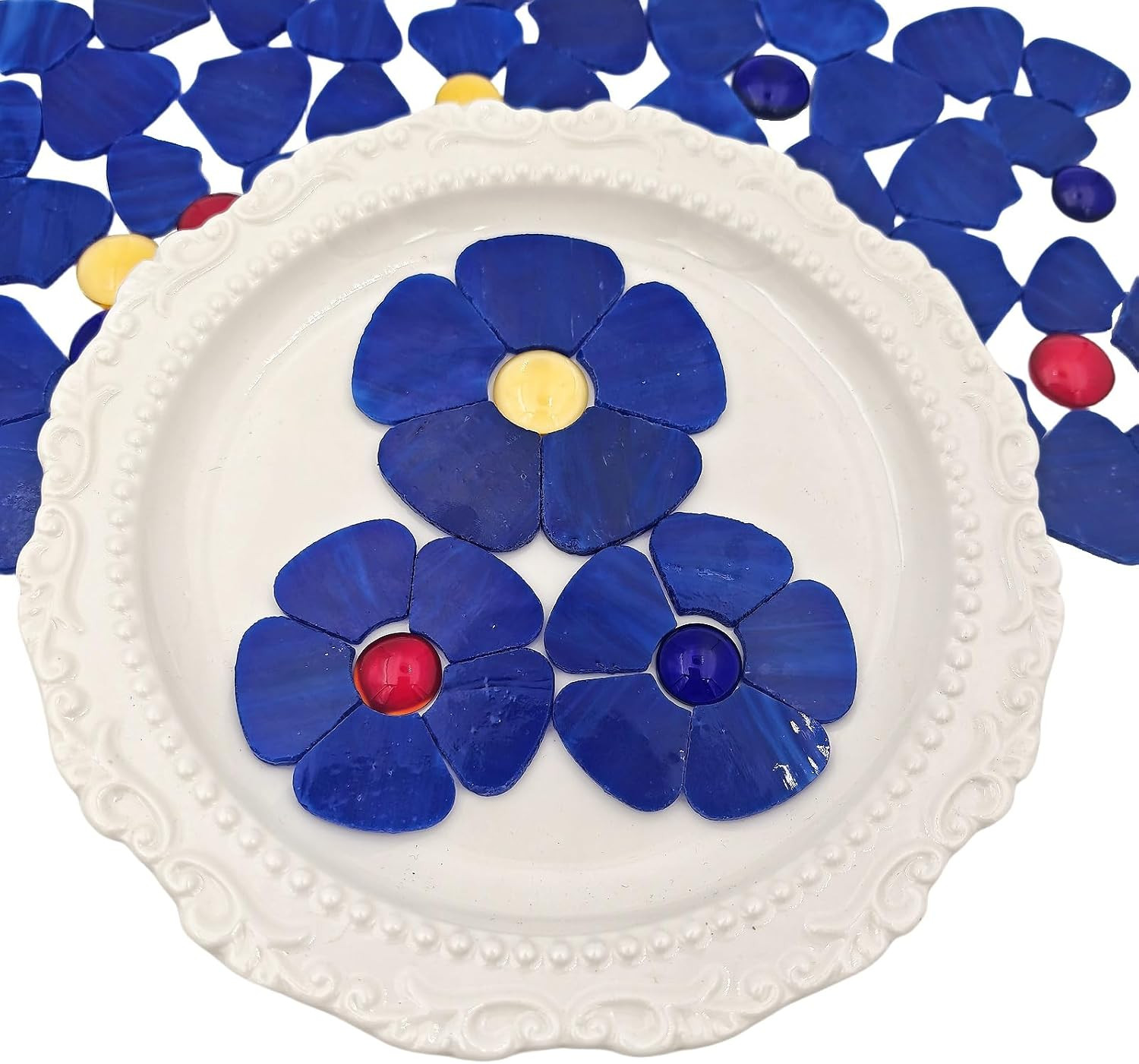 12 Flower Stained Glass Mosaic Tiles – 2 Size Floral Petals & Flat Bead Mosai…