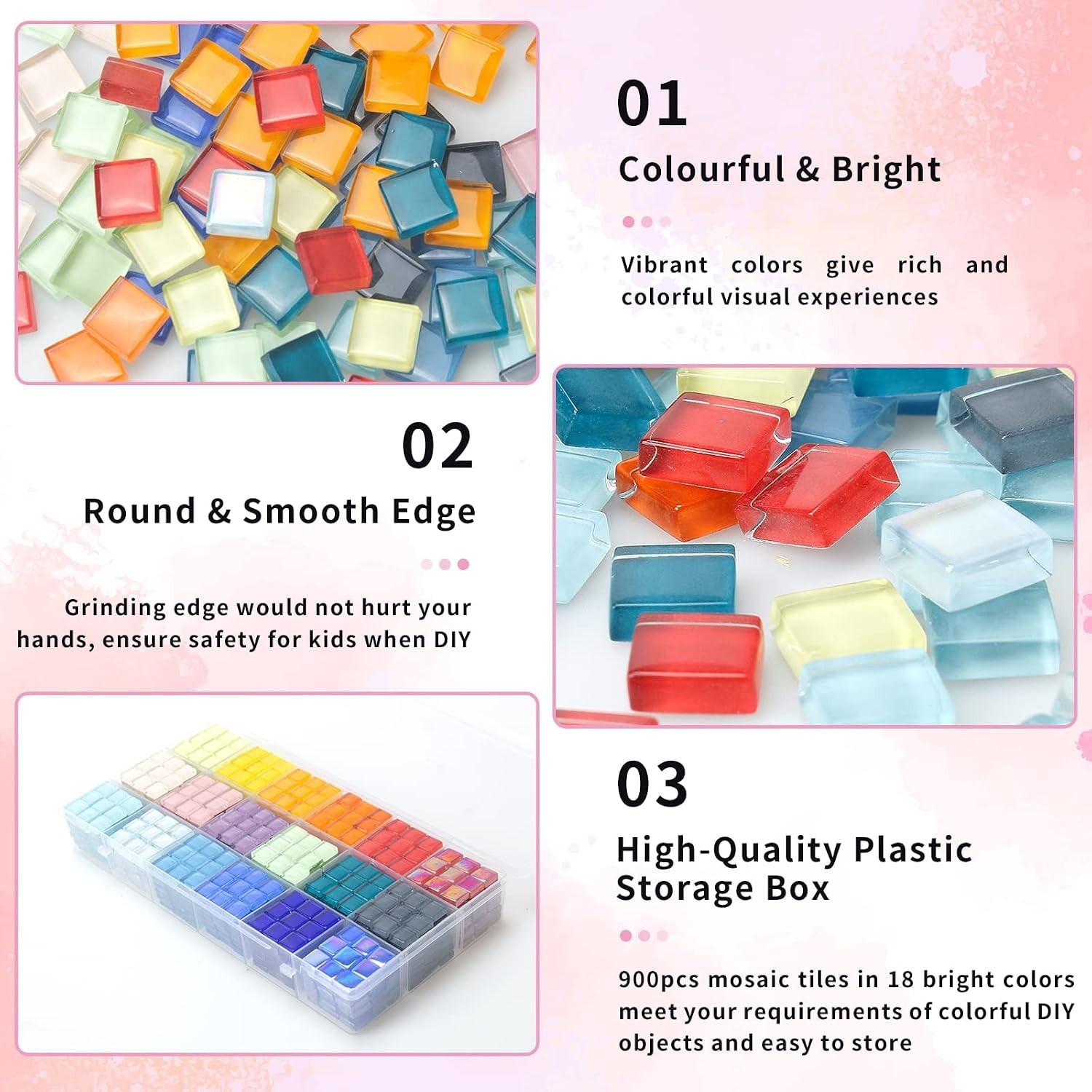Artisan’s Dream: 900 Polished Glass Mosaic Tiles in 18 Colors with Storage Box