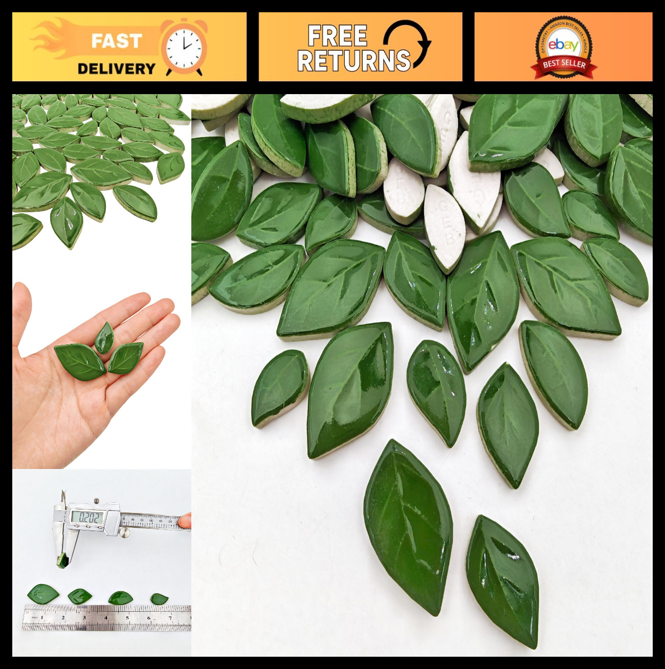 500g Leaf-Shaped Ceramic Mosaic Tiles for DIY Crafts & Home Decor – Dark Green