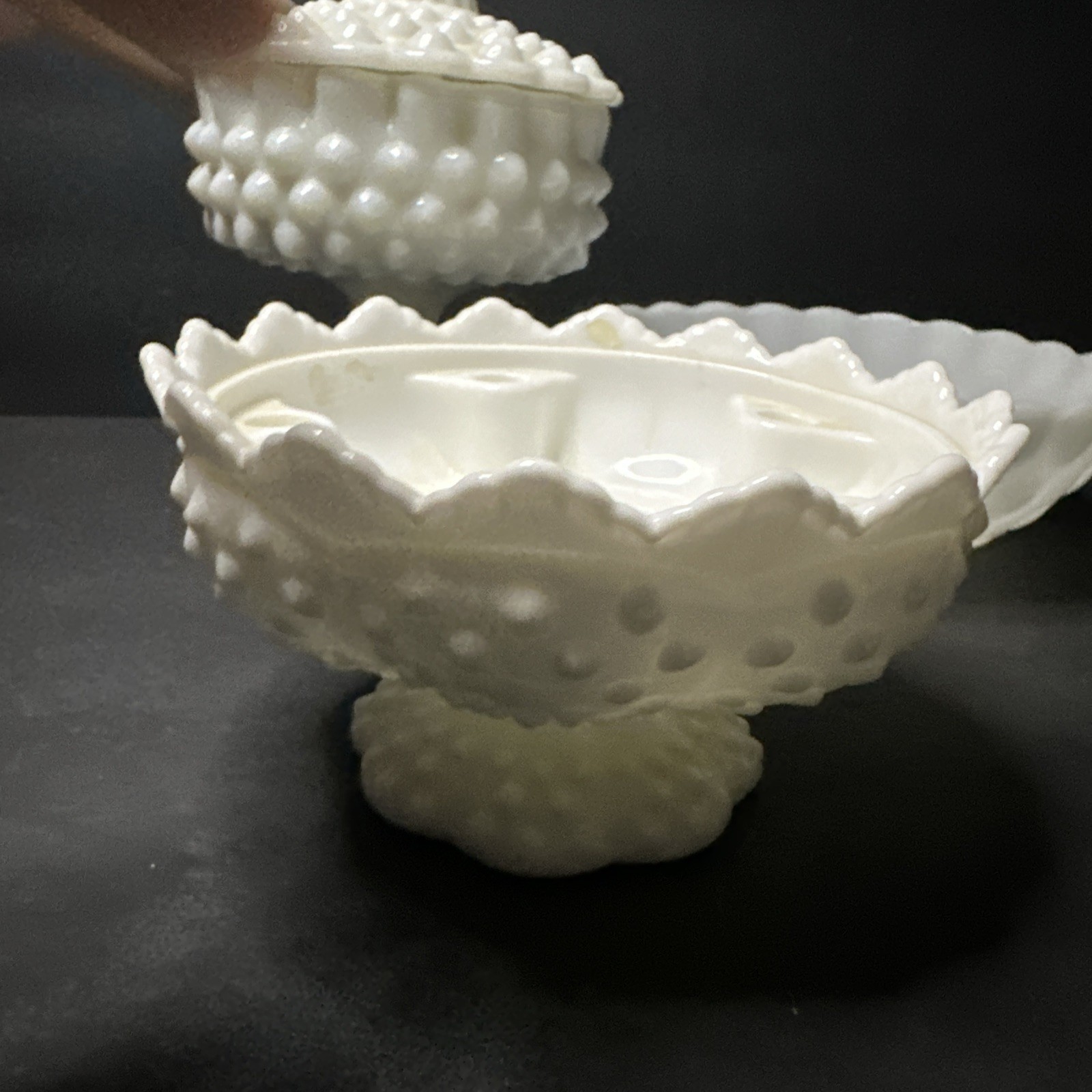 RARE set of 3 opal glass items with a hobnail pattern, manufactured by Fento#R15