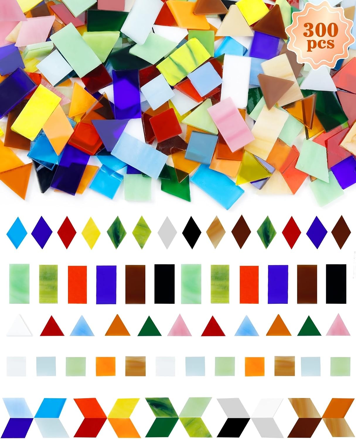 FIVEIZERO 260g Glass Mosaic Tiles for Crafts – 300 Pieces Tiny Mosaic Tile Kit,