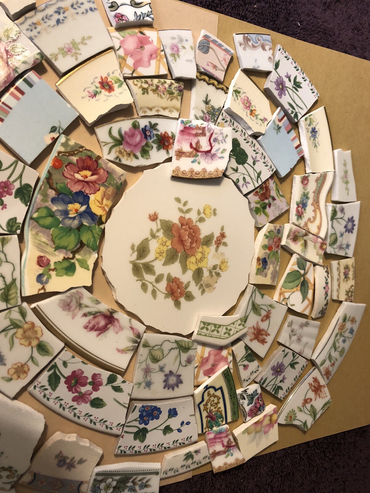 Vintage, antique floral mixture of mosaic tiles, Roses, daisies, perennals