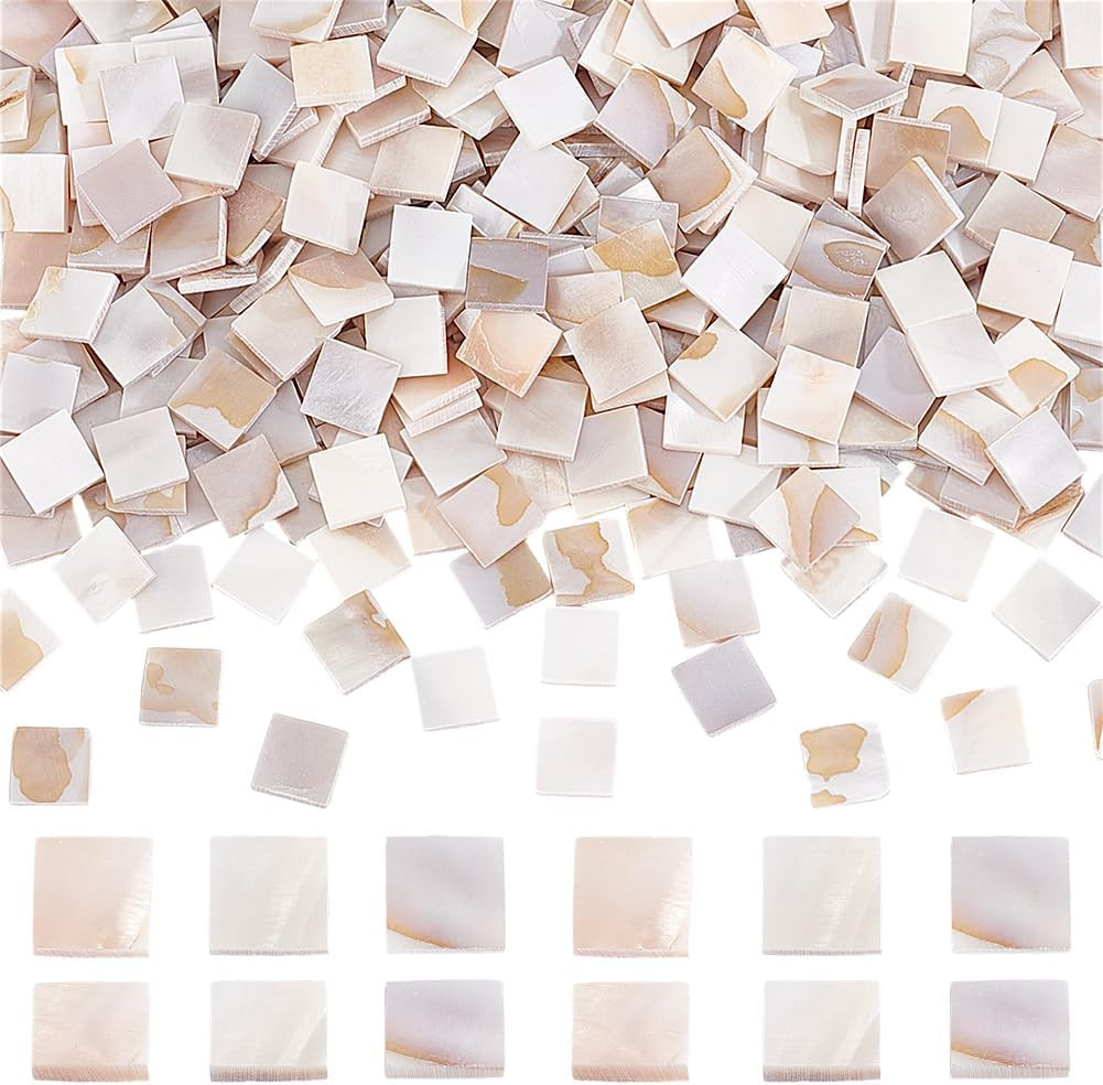 500 Pcs Natural Shell Mosaic Tiles, 10X10Mm Floral White Shell Square Cabochons