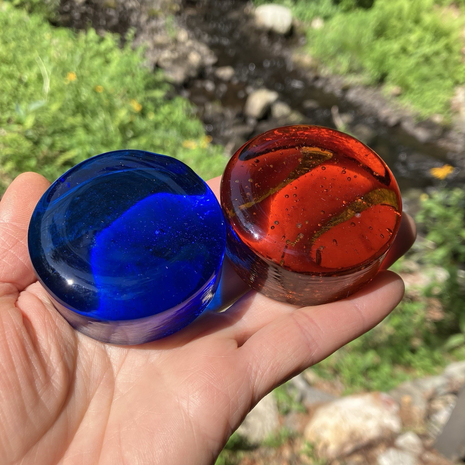 2 Vintage Dalle de Verre Orange Blue Round Paperweights Chunky Cast Glass Blenko
