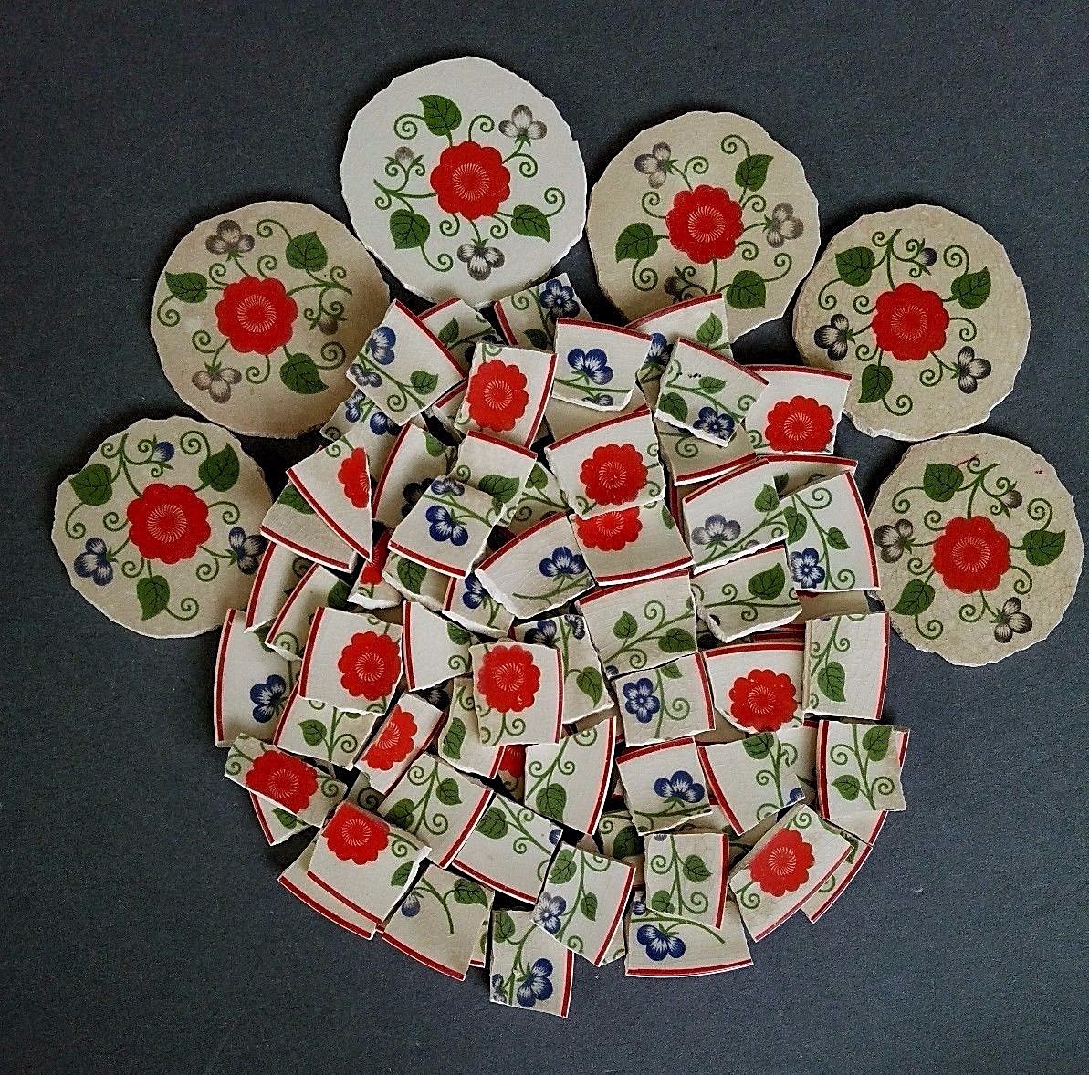 Vintage Shabby Chic Red and Blue Floral Mosaic Tiles + 6 Focals