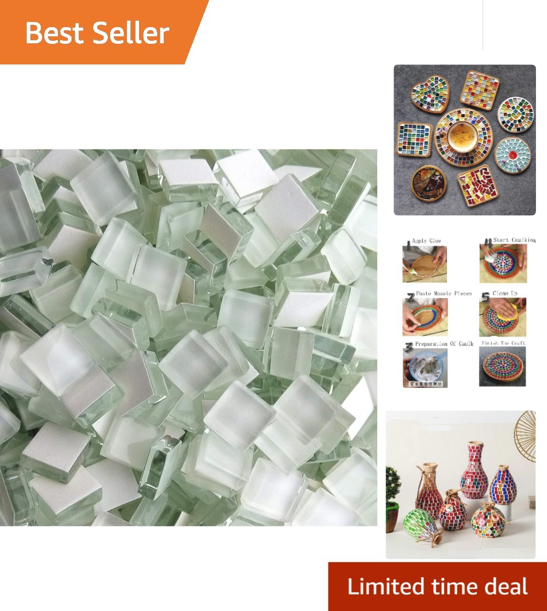 Elegant White Mosaic Tiles with Glitter Finish – 100PC Craft Essentials