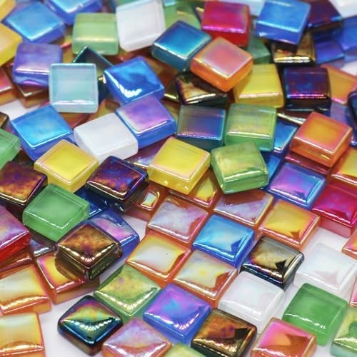 1100pcs Iridescent Crystal Glass Mosaic Tiles – 0.4″ Square Craft Supplies for D
