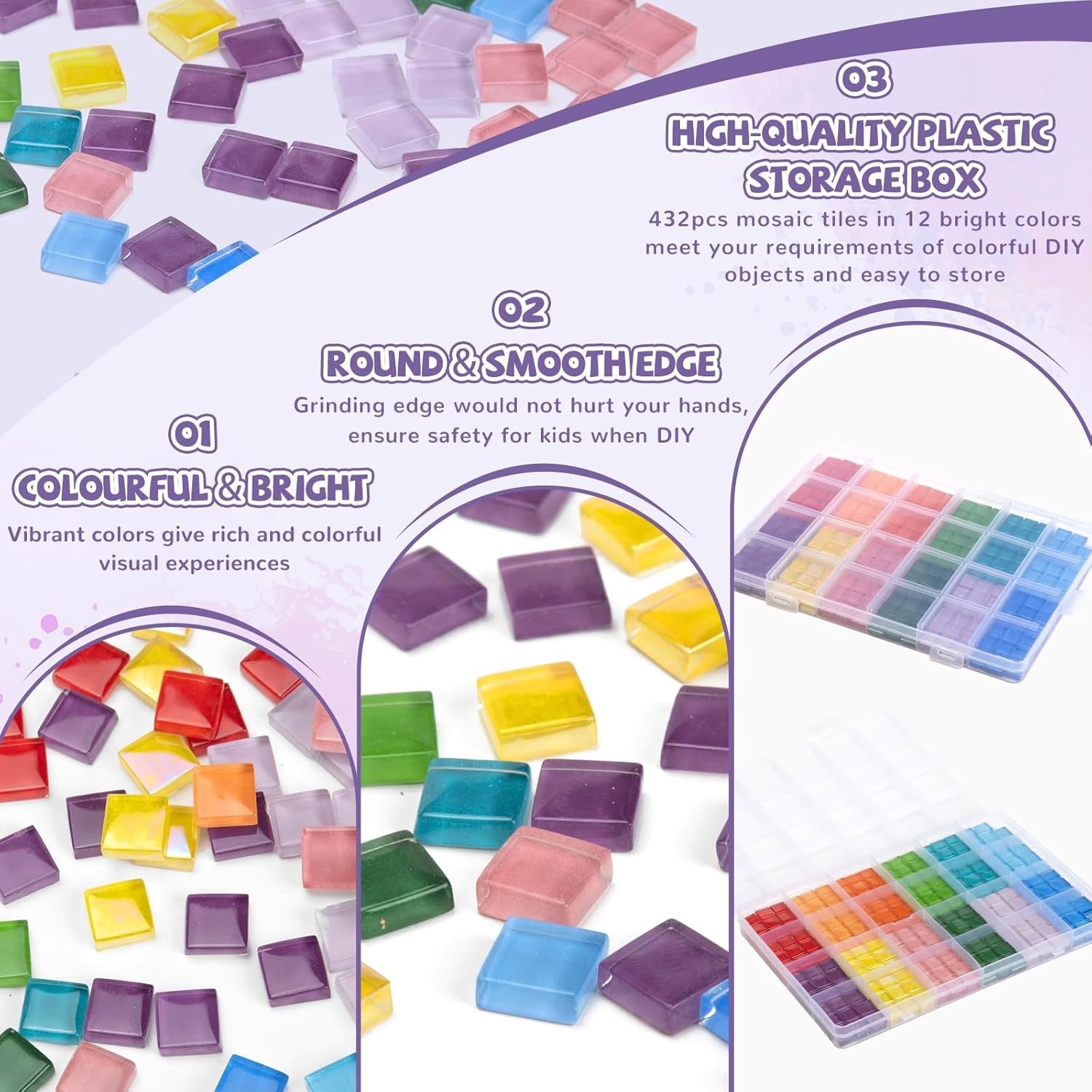 432 pcs Glass Mosaic Tiles, 12 Colors 10mm Mosaic Glass Pieces with Storage B…