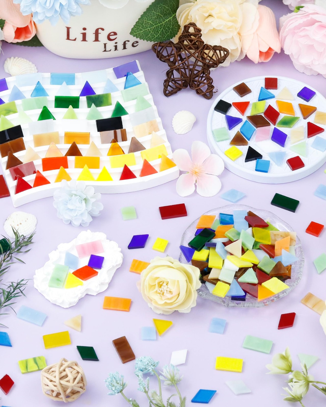 260g Glass Mosaic Tiles for Crafts 300 Pieces Tiny Mosaic Tile Kit, Irregula…