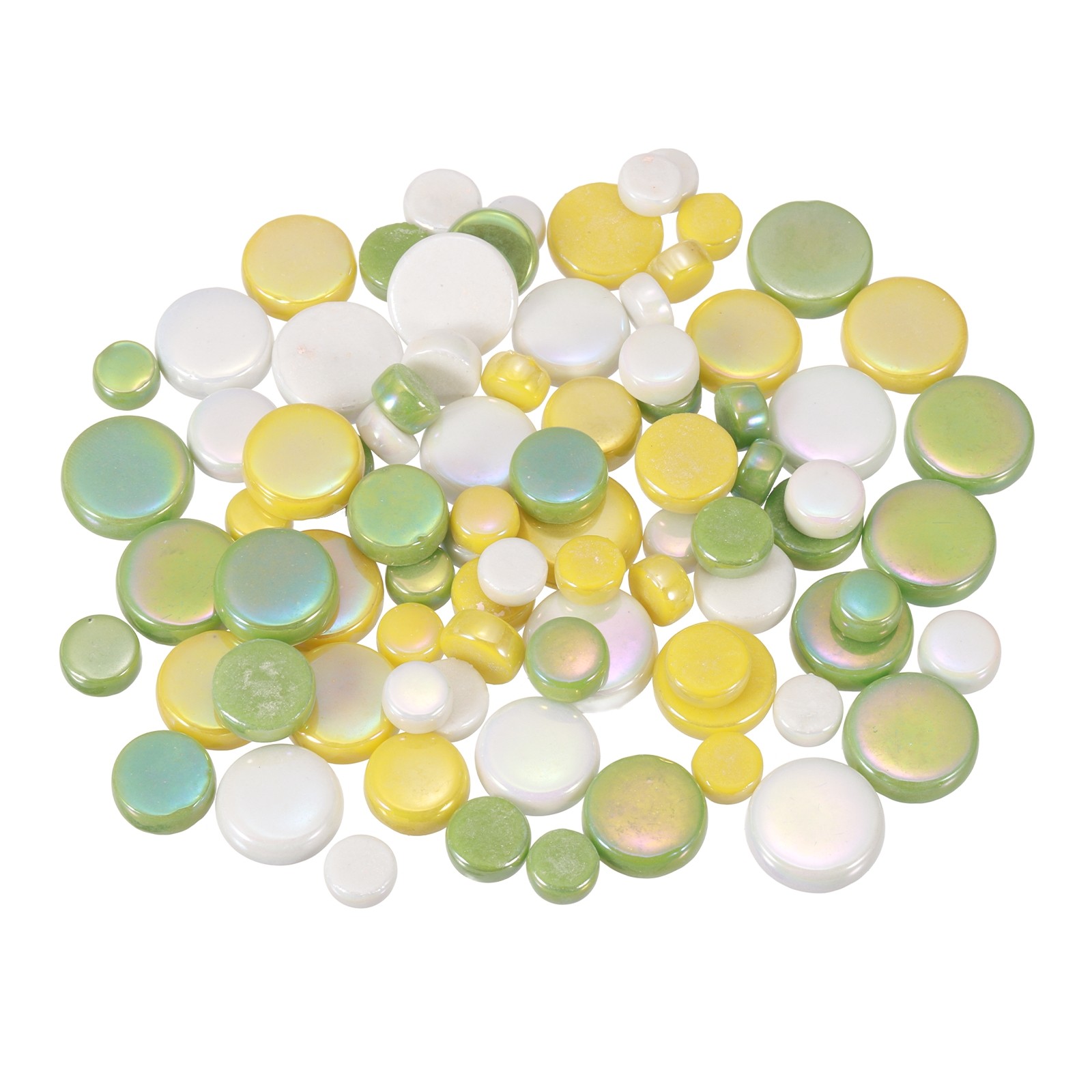 Mixed Yellow Green 200g Multi-Size Iridescent Round Mosaic Tiles
