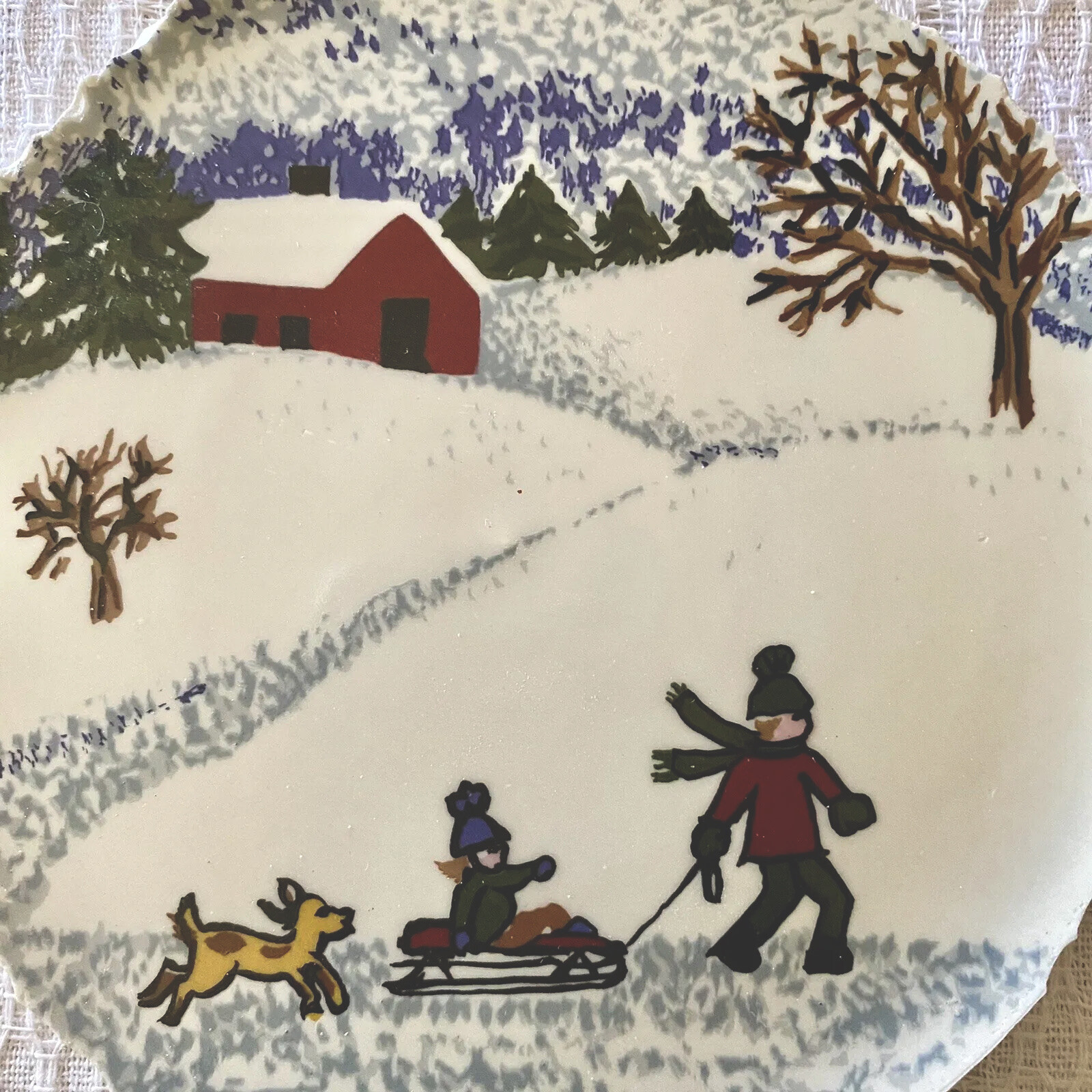 Broken China Plate Mosaic Tiles FOCAL~ (4”)~WINTER~COUNTRY~BARN~KIDS~SLED ~DOG
