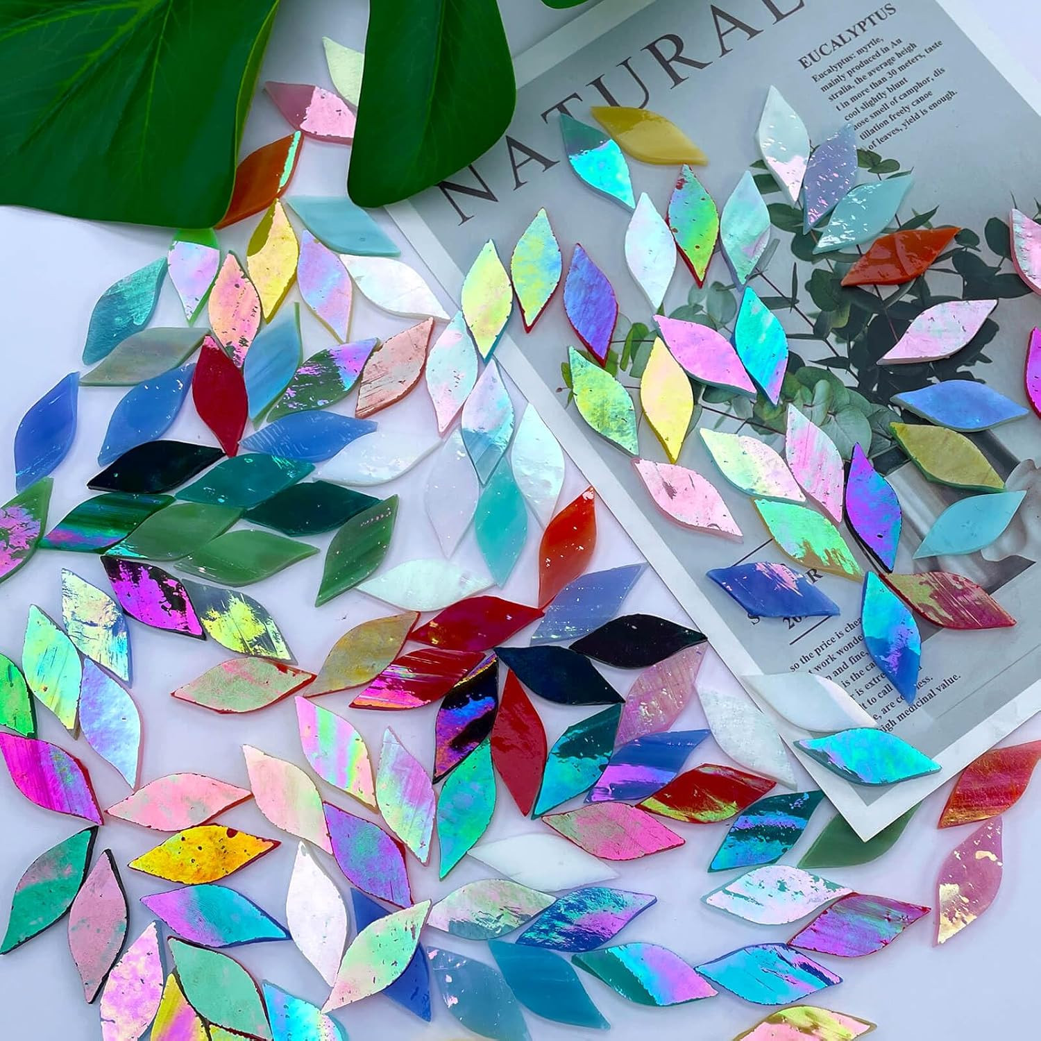 120 Pieces Assorted Colors Iridescent Mosaic Glass Petals & Leaves, Hand-Cut Sta