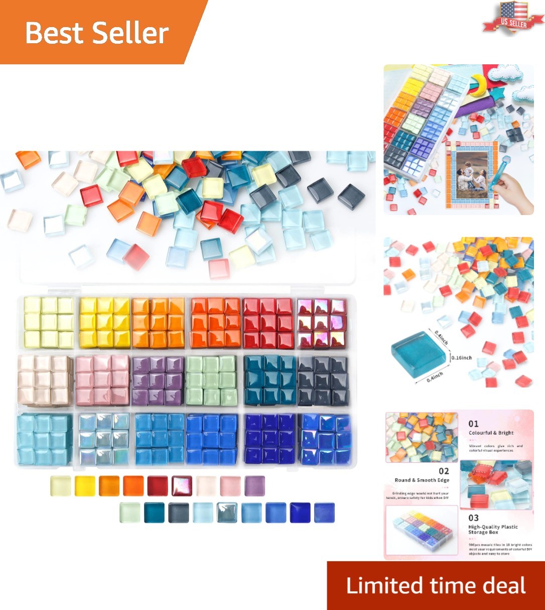 Artisan’s Dream: 900 Polished Glass Mosaic Tiles in 18 Colors with Storage Box