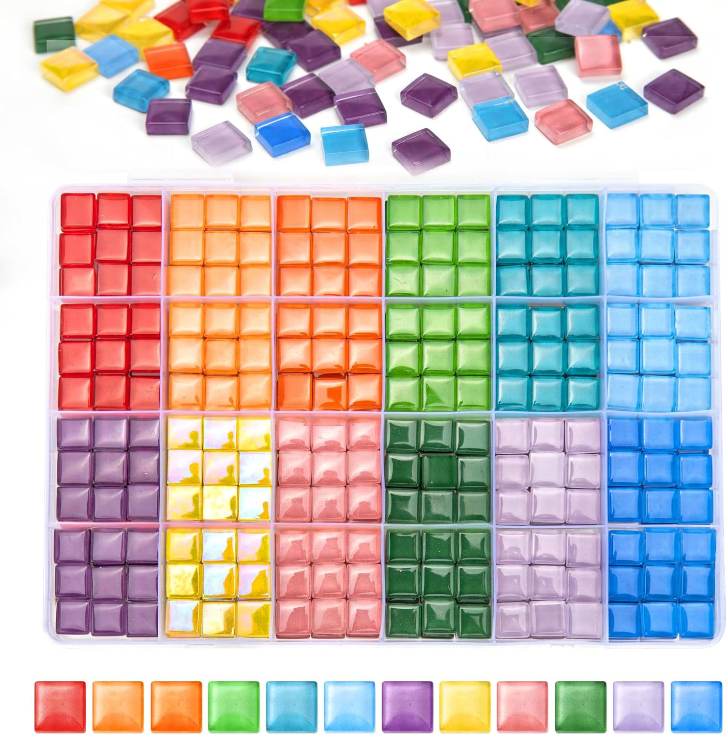 432 Pcs Glass Mosaic Tiles 12 Colors 10Mm Glass Pieces with Storage Box | Transp
