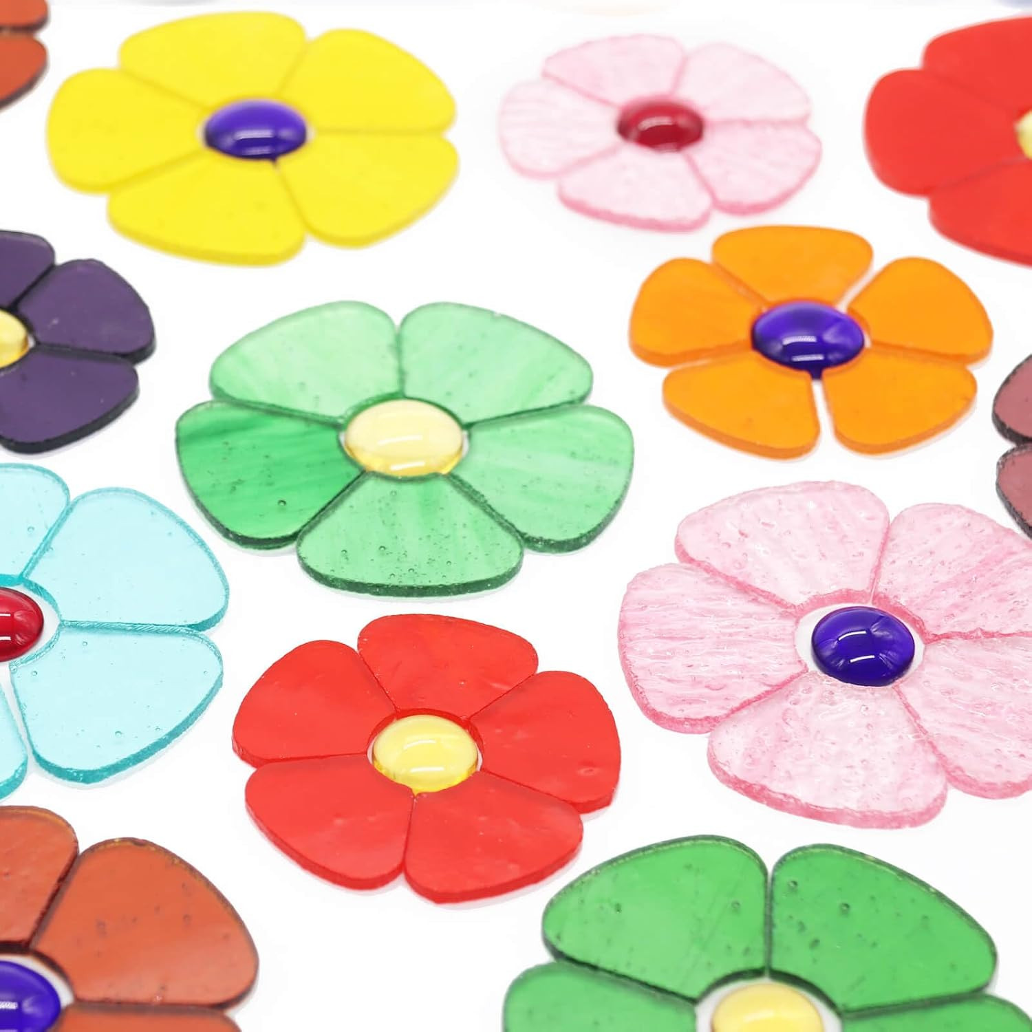 24 Precut Stained Glass Flower Mosaic Tiles, Transparent Mix | 120 Petal Pieces