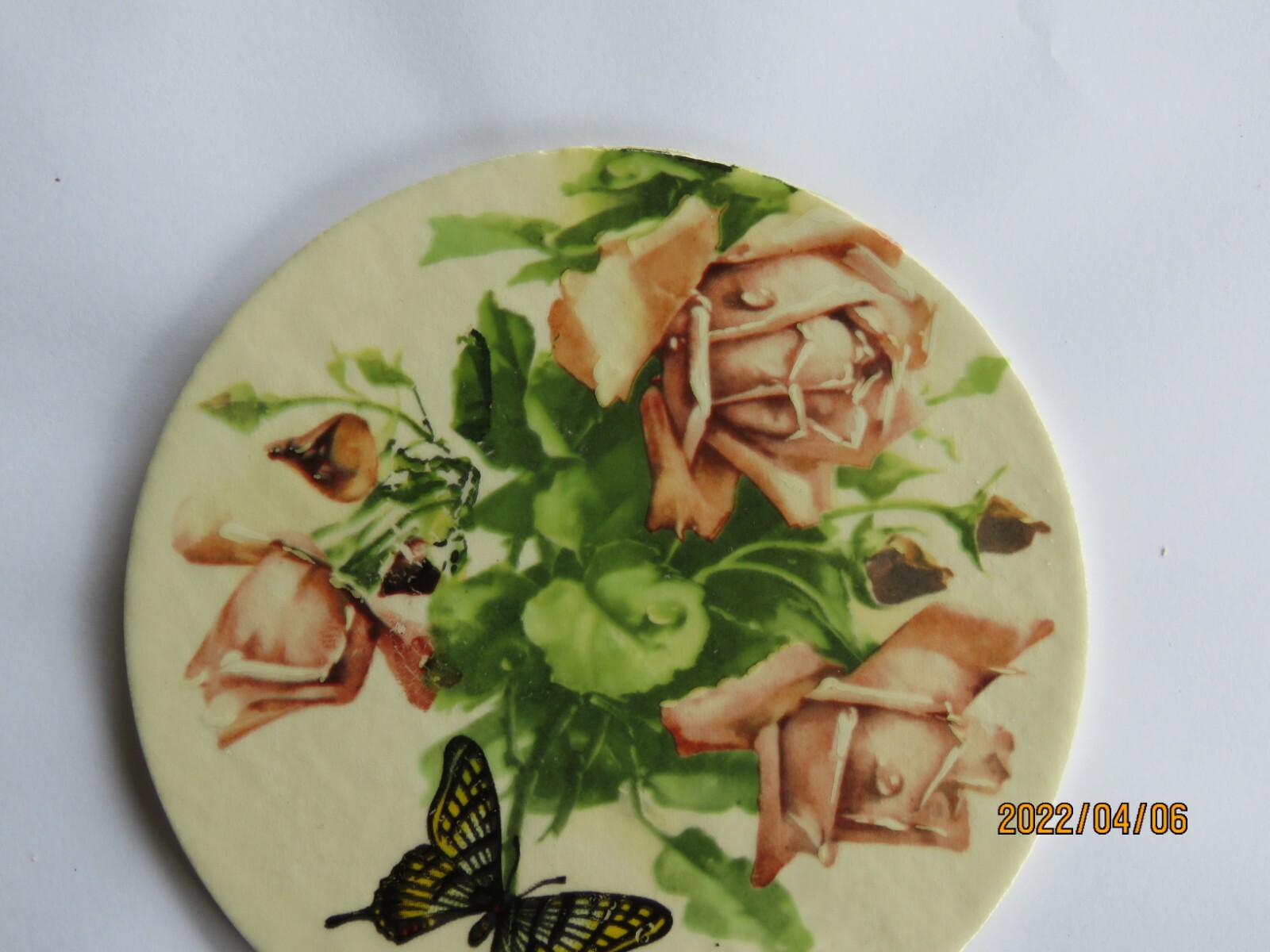 Mosaic Tiles round PINK shabby butterfly roses Garden Chic Fired Ceramic OL11