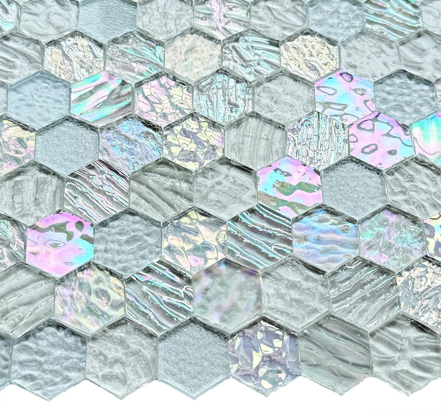 100 Pieces Hexagon Glass Mosaic Tiles for Crafts, Clear Iridescent Stained Glass