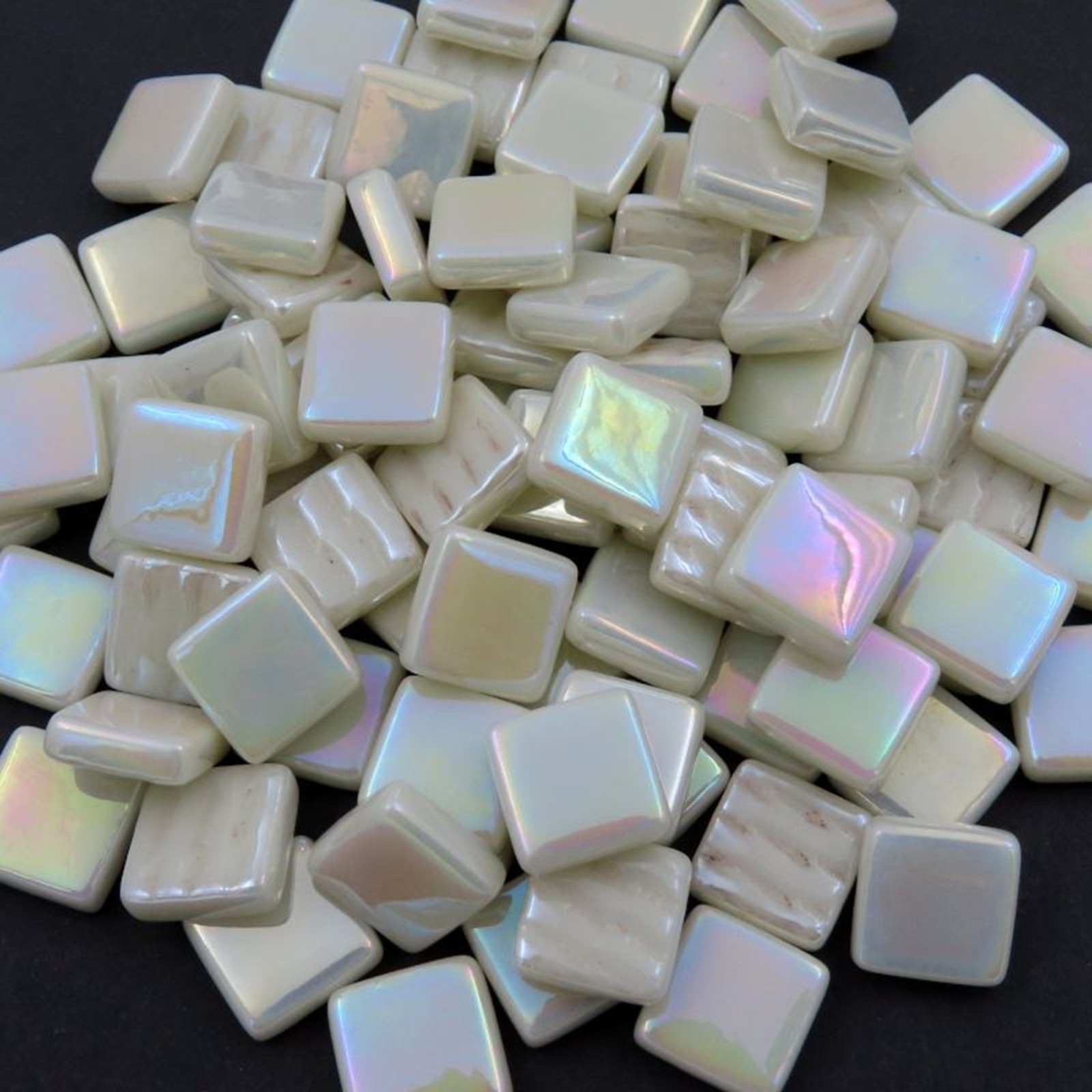 50 Tiles – 12 mm Iridescent Ivory Green Glass Square Mosaic Tile Pieces