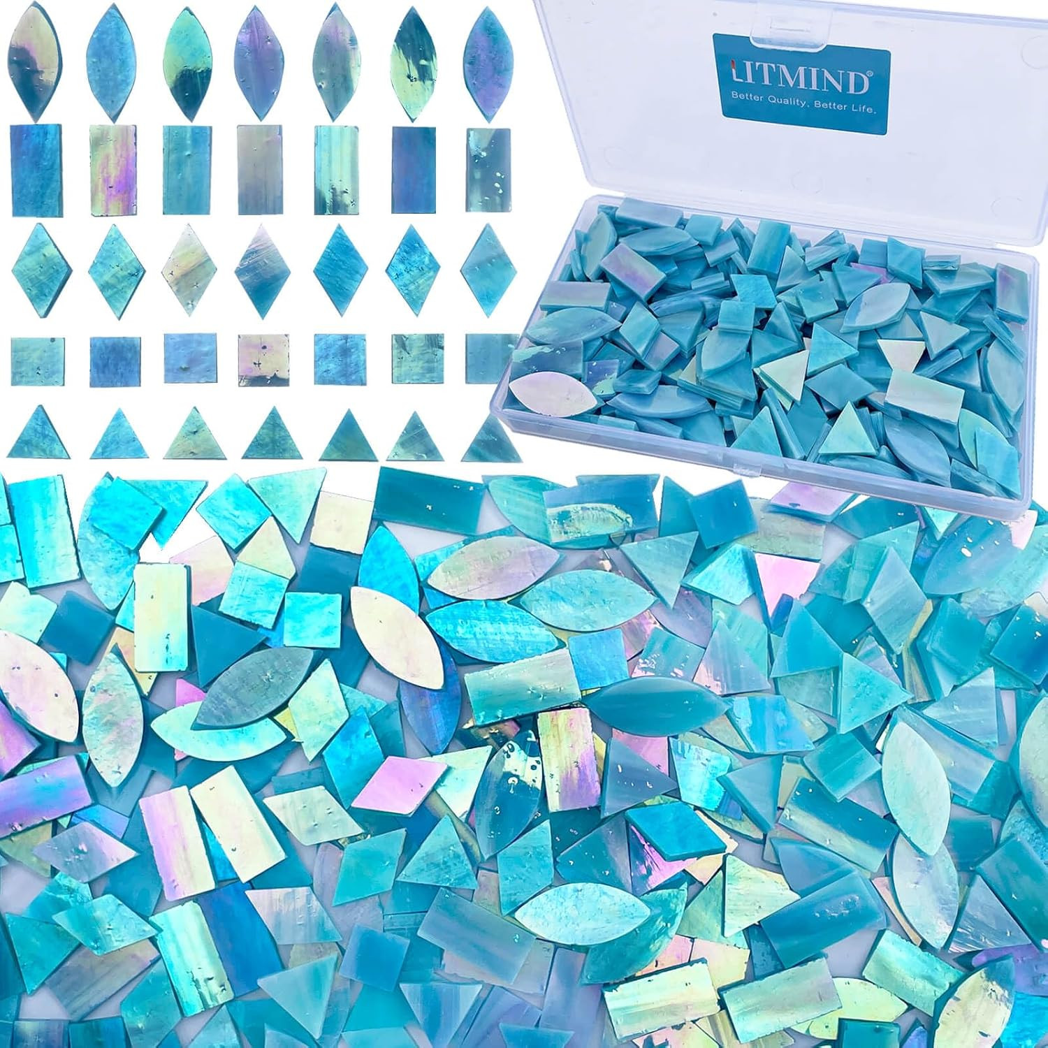 LITMIND Iridescent Skyblue Stained Glass Mosaic Tiles for Crafts – 240 Pieces
