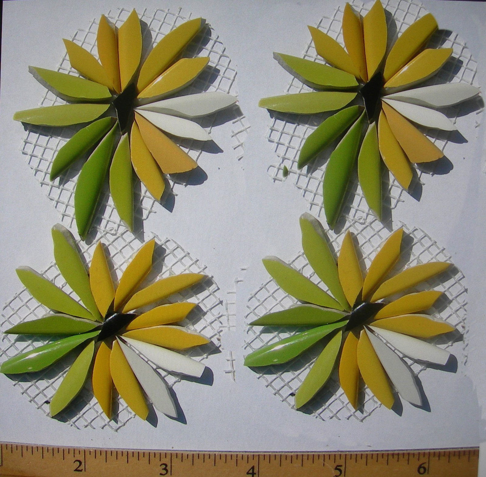 2″ Yellow Green Floral Mosaic Tile Set 4 Daisy Tiles On Mesh
