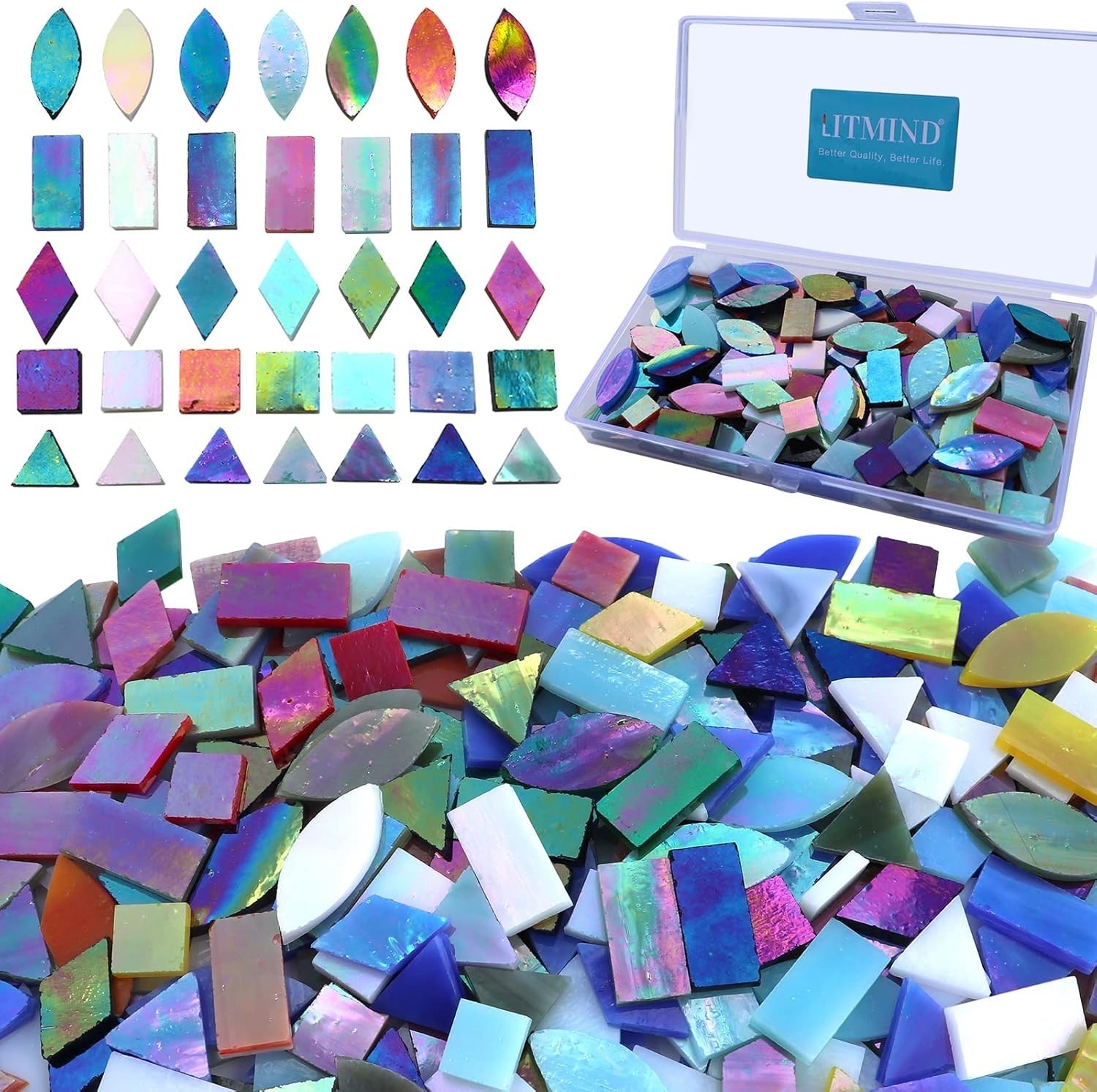 Iridescent Glass Mosaic Tiles for Crafts, 240 Pieces 5 Shapes Mixed Pink Stained