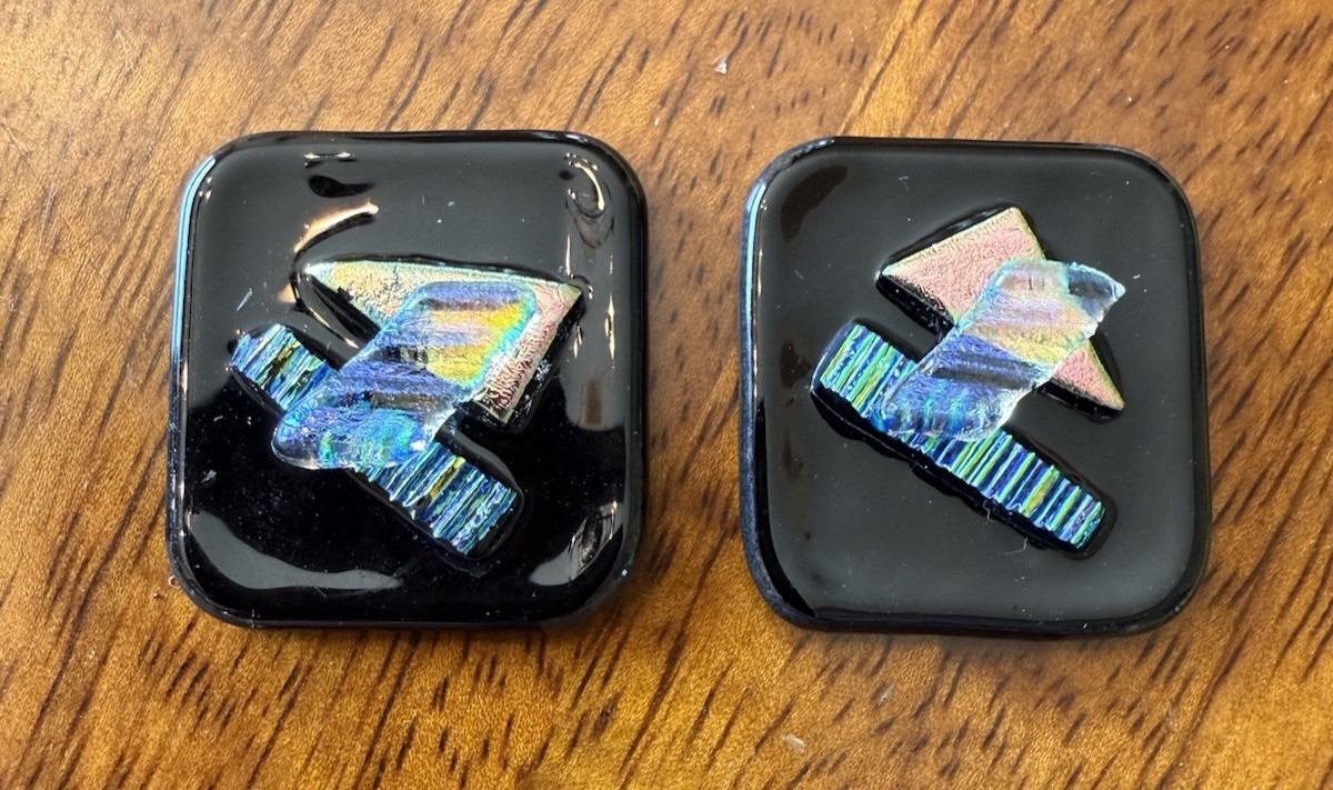 Set 2 Dichroic Fused Art Glass Tiles for Jewelry Making Earrings 1″ square