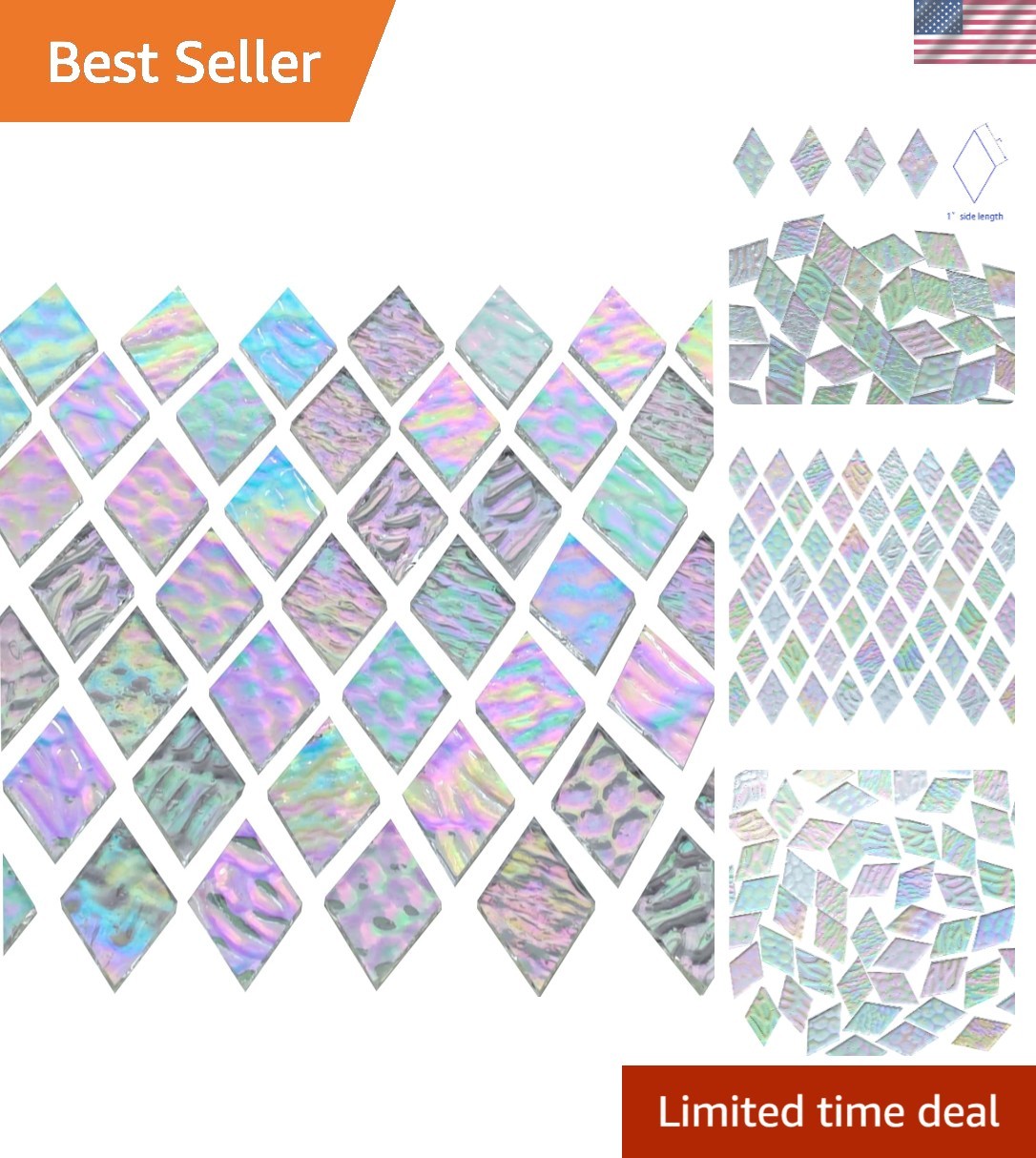 60 Count Sparkling Diamond Iridescent Stained Glass Tiles for Mixed-Media Art