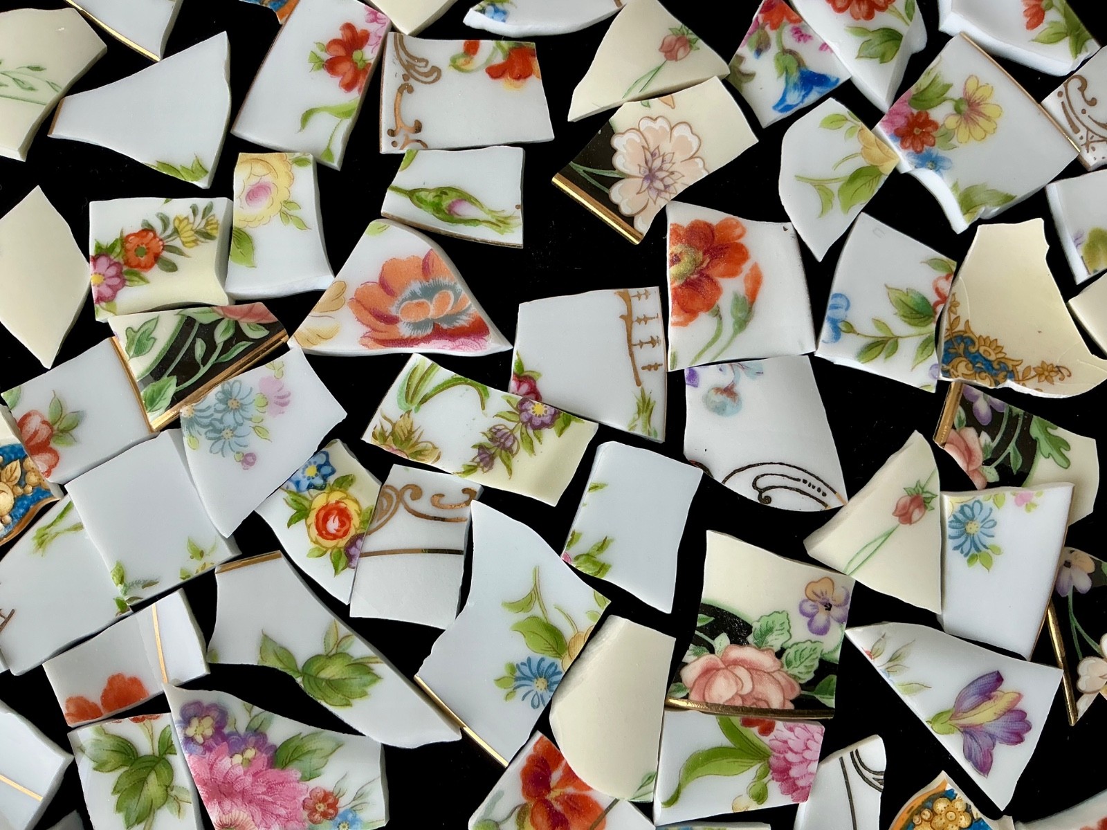 Broken China Mosaic Tiles ~ ShABby CHIc ~ Multi Florals Gold Trim ~80+ Pcs setU