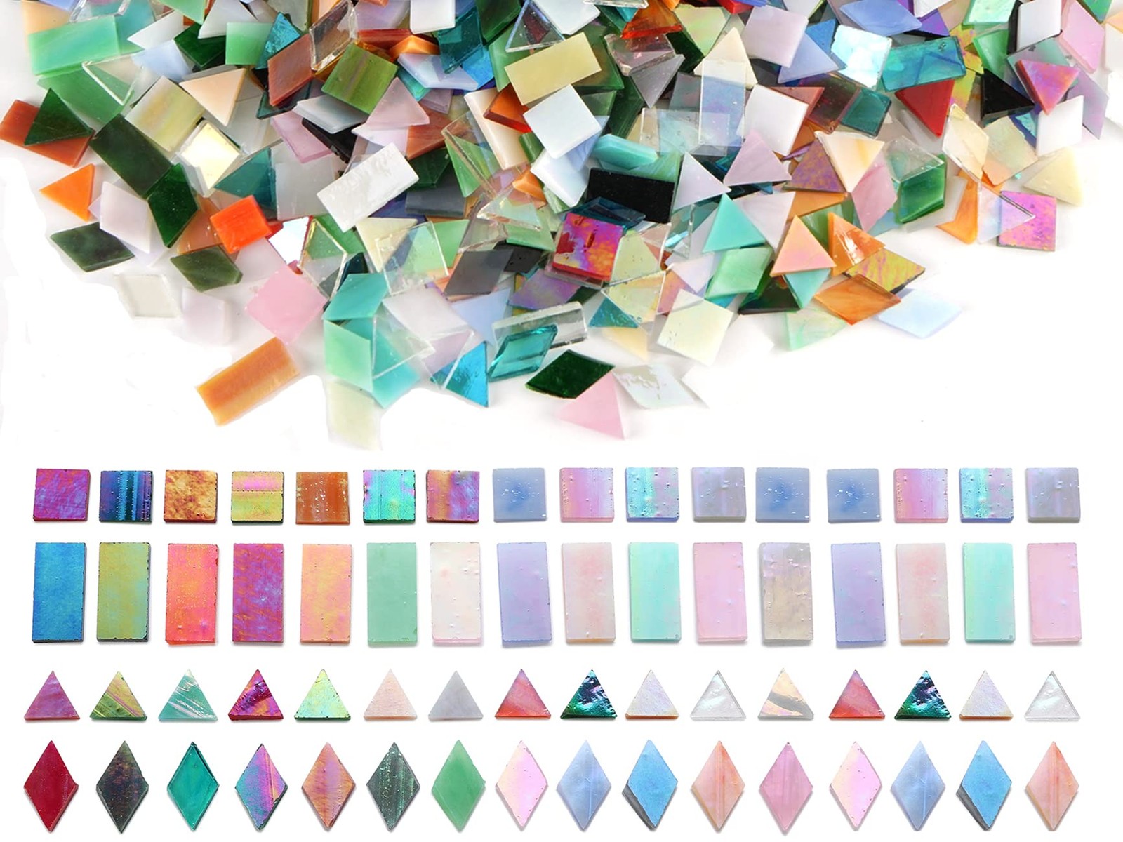 Iridescent Glass Mosaic Tiles Bulk, 4Shapes 700 Pieces Sparkle Iridized Stain…