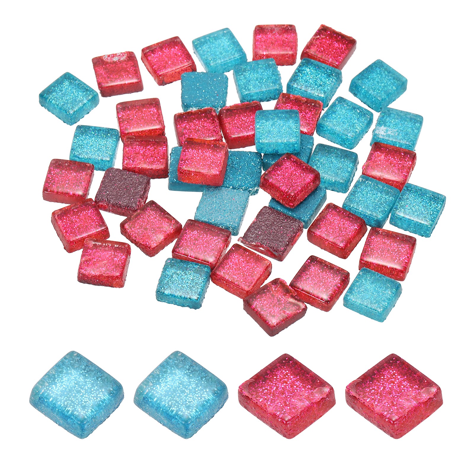 110Pcs 1x1cm Glitter Square Mosaic Tiles Glass, Pink/Blue