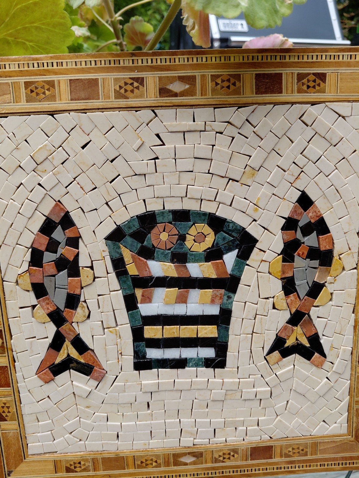 Marble Mosaic and Wood Marquetry Wall Tile Handmade Art