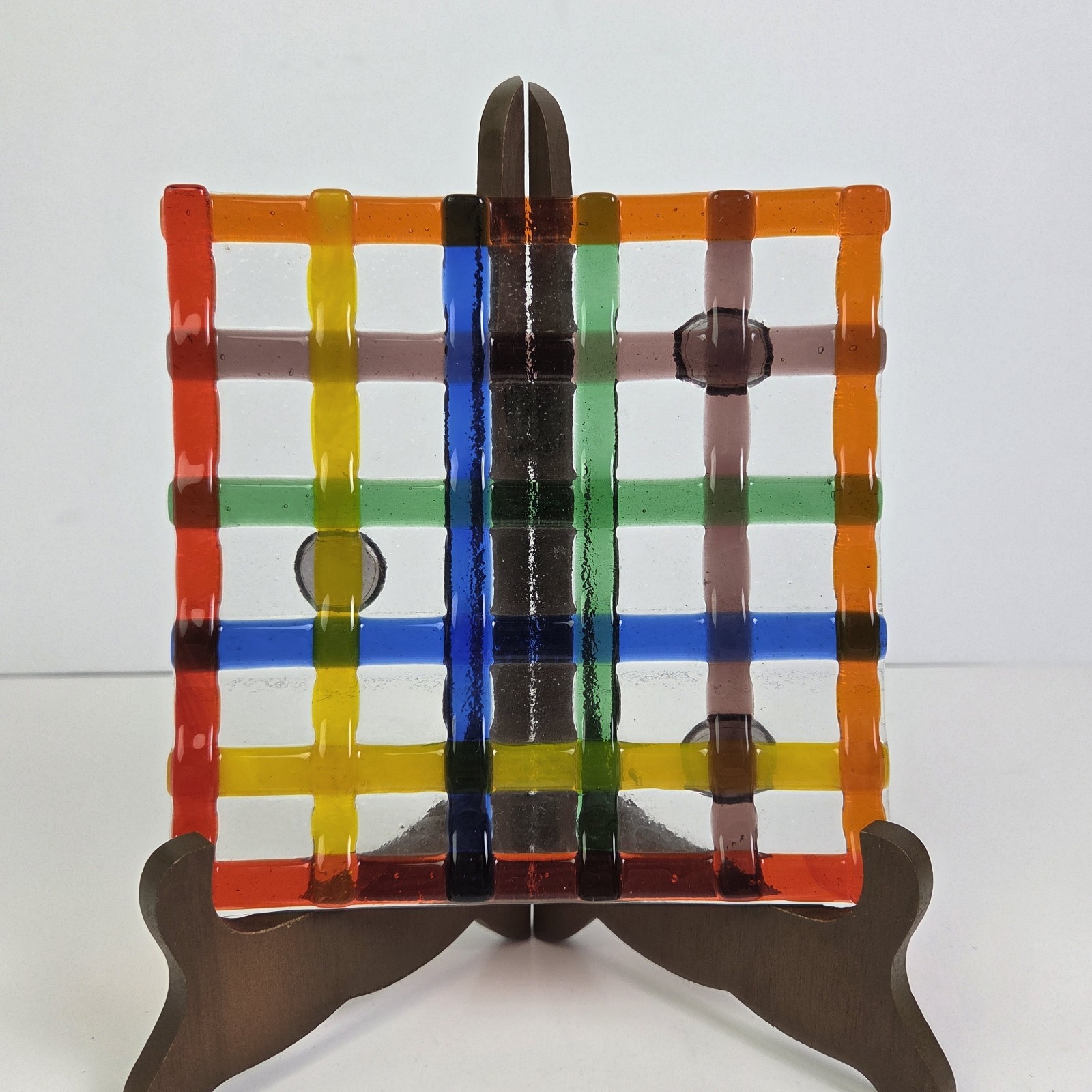 Decorative Tray Fused Art Glass Colorful Woven Pattern
