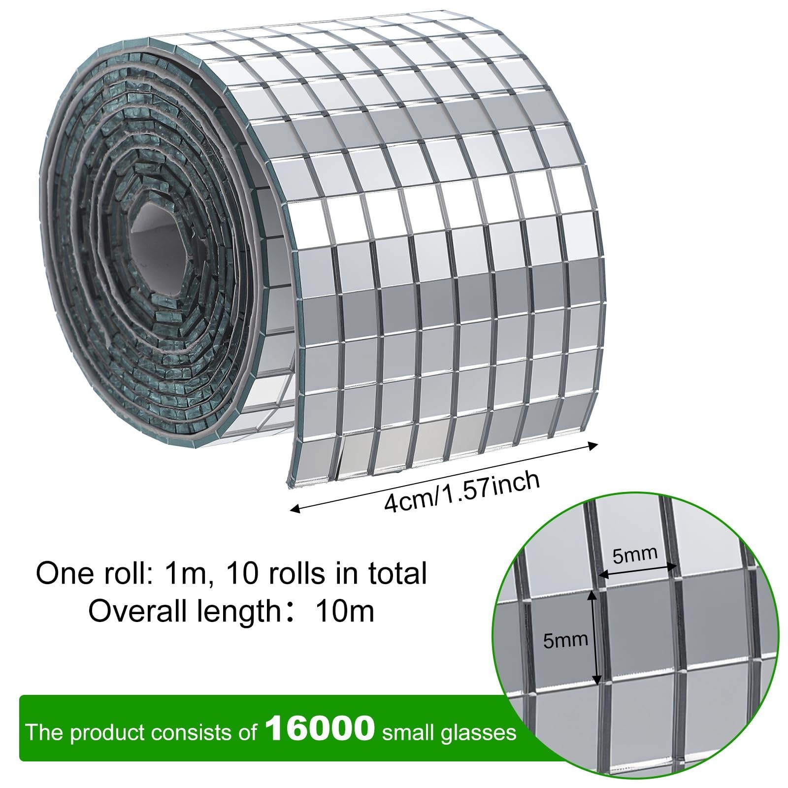 16,000 Pcs Mirror Tiles – 10 Rolls Self-Adhesive Glass Stickers for DIY Crafts &