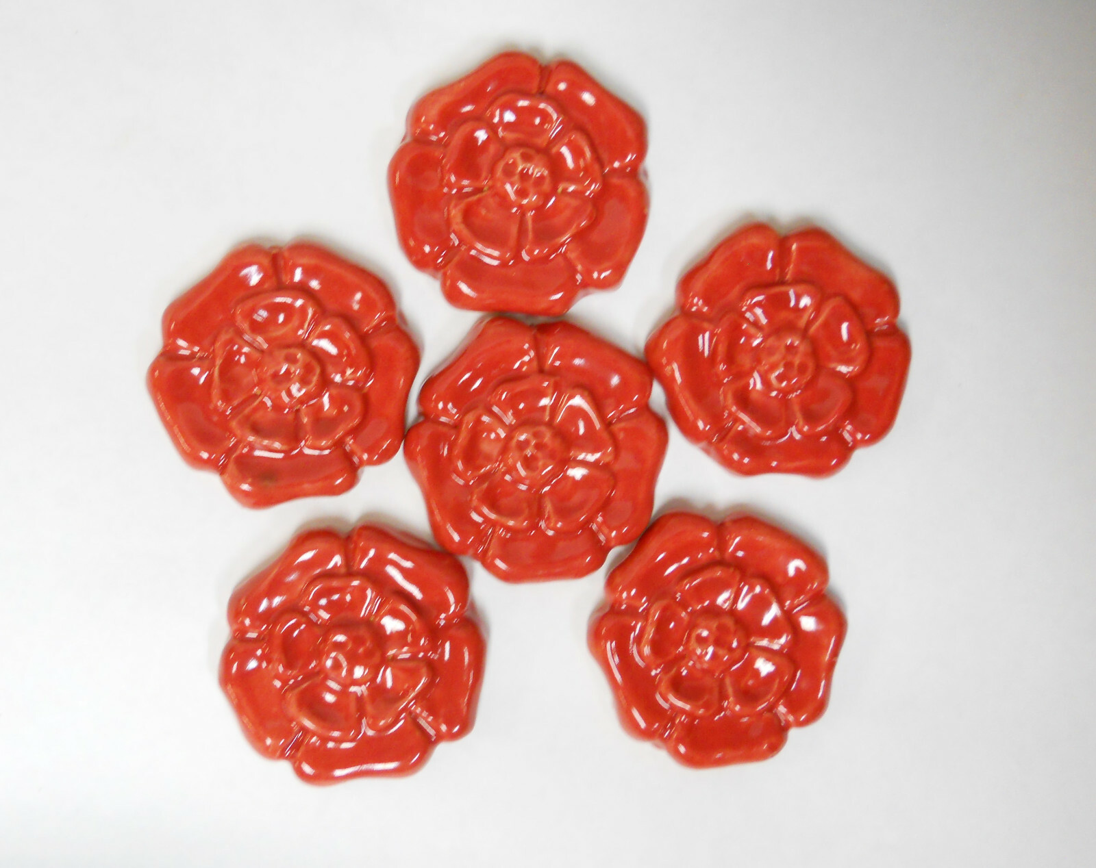 ROSETTE TILES Handmade Ceramic Art Craft Tiles Mosaic Tiles BRIGHT RED Set of 6