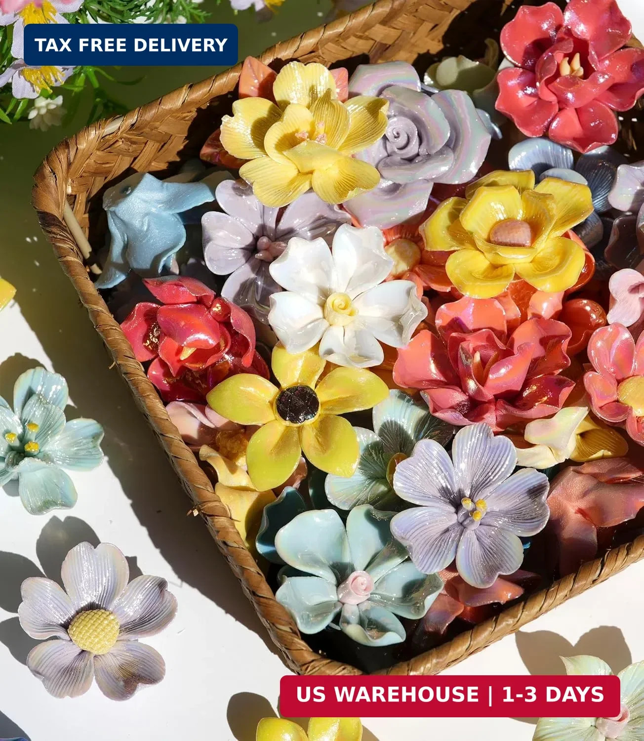 30 Pieces 3D Ceramic Mosaic Flowers for DIY Crafts, Various Shimmering Glaze Iri
