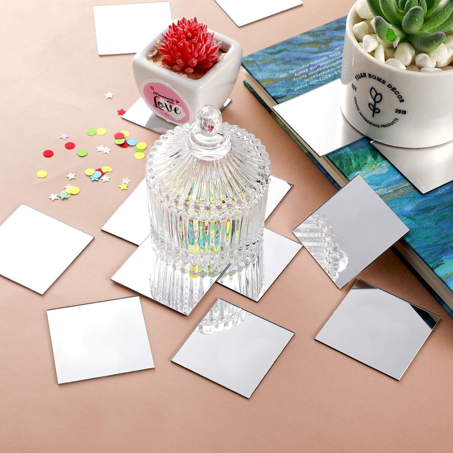 50 Pieces Mini Size Square Mirror Adhesive Small Square Craft Mirror Tiles fo…