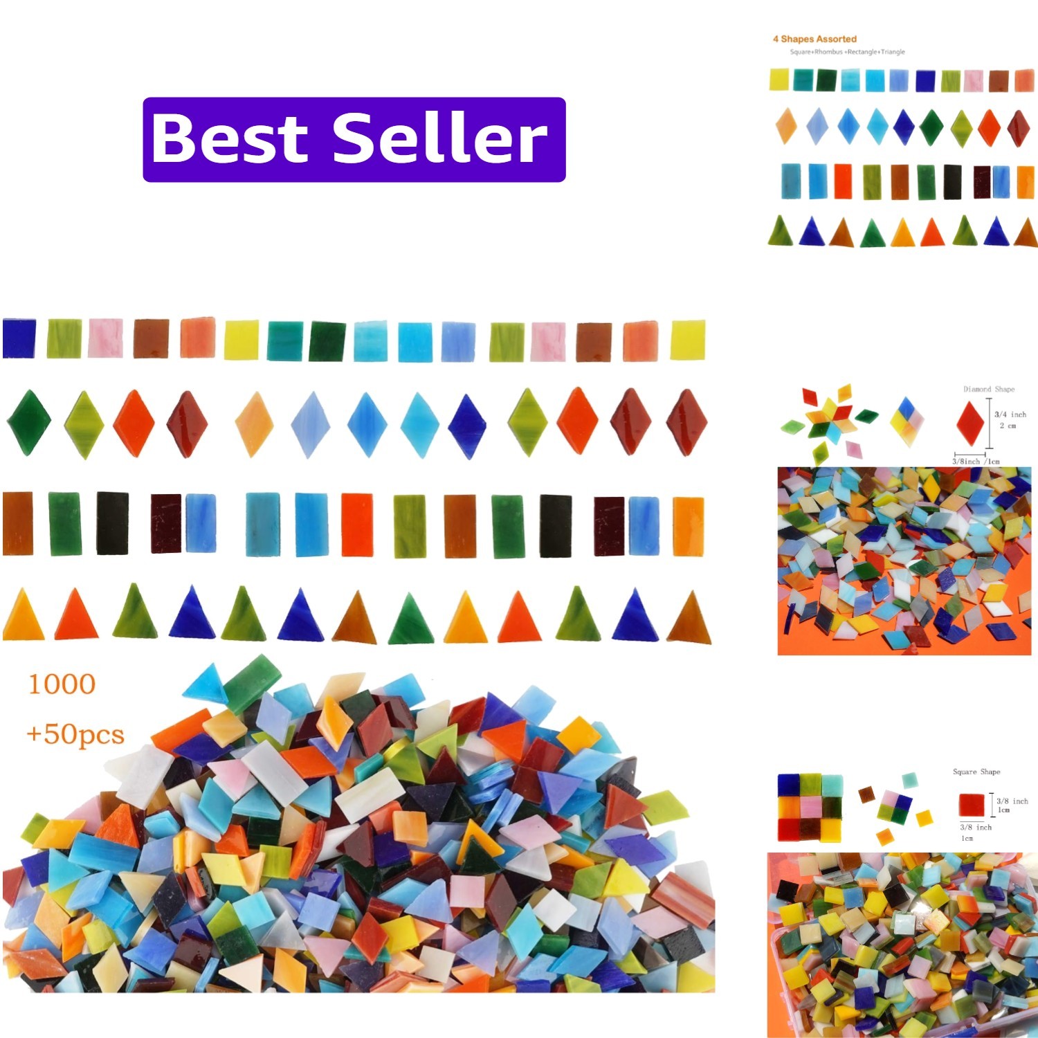 1050 Pieces Mixed Shapes Glass Mosaic Tiles for Crafts, Colorful Stained Glas…