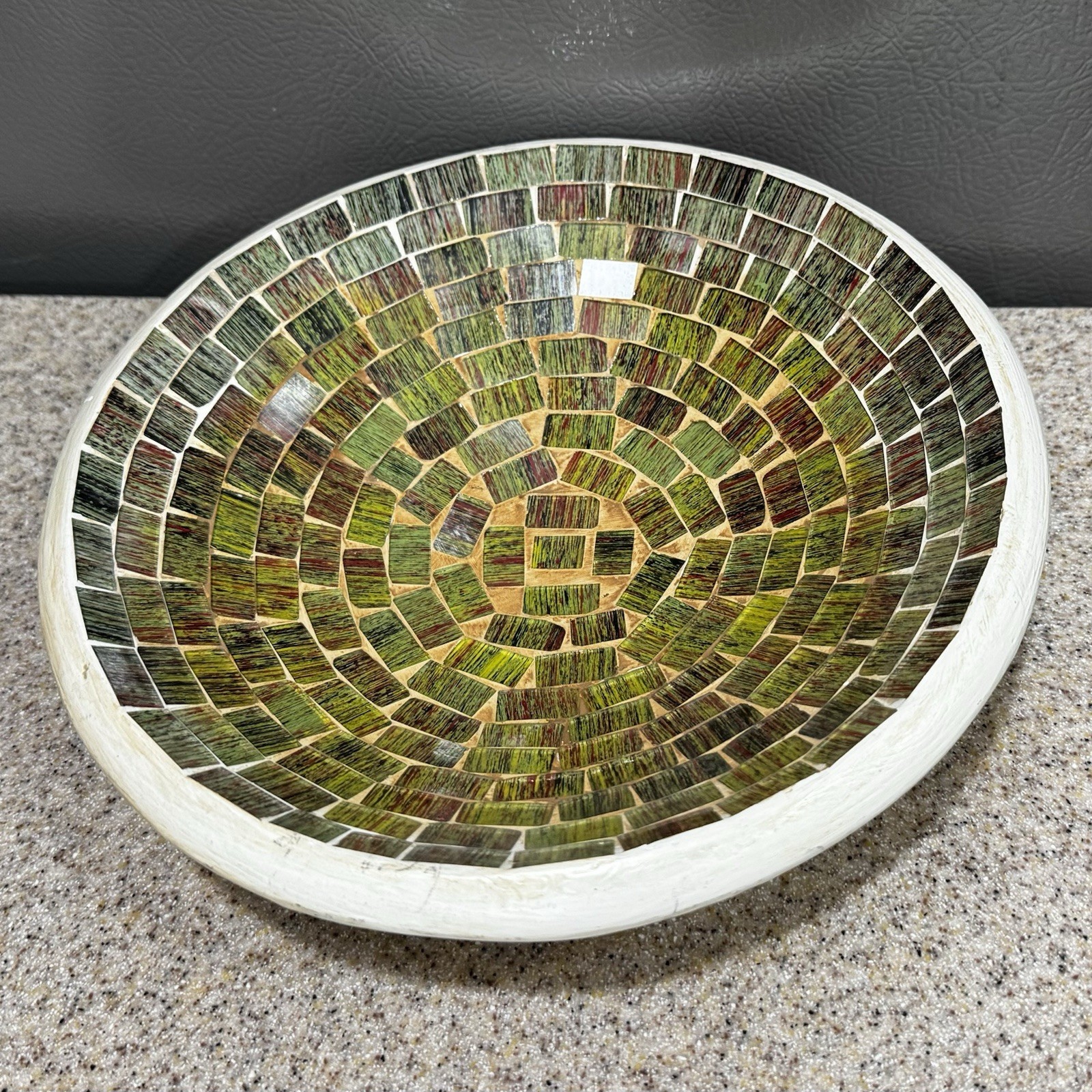 Vtg Mosaic Tile Ceramic Bowl 8.5” Green Brown Solid Heavy Made In Indonesia EUC