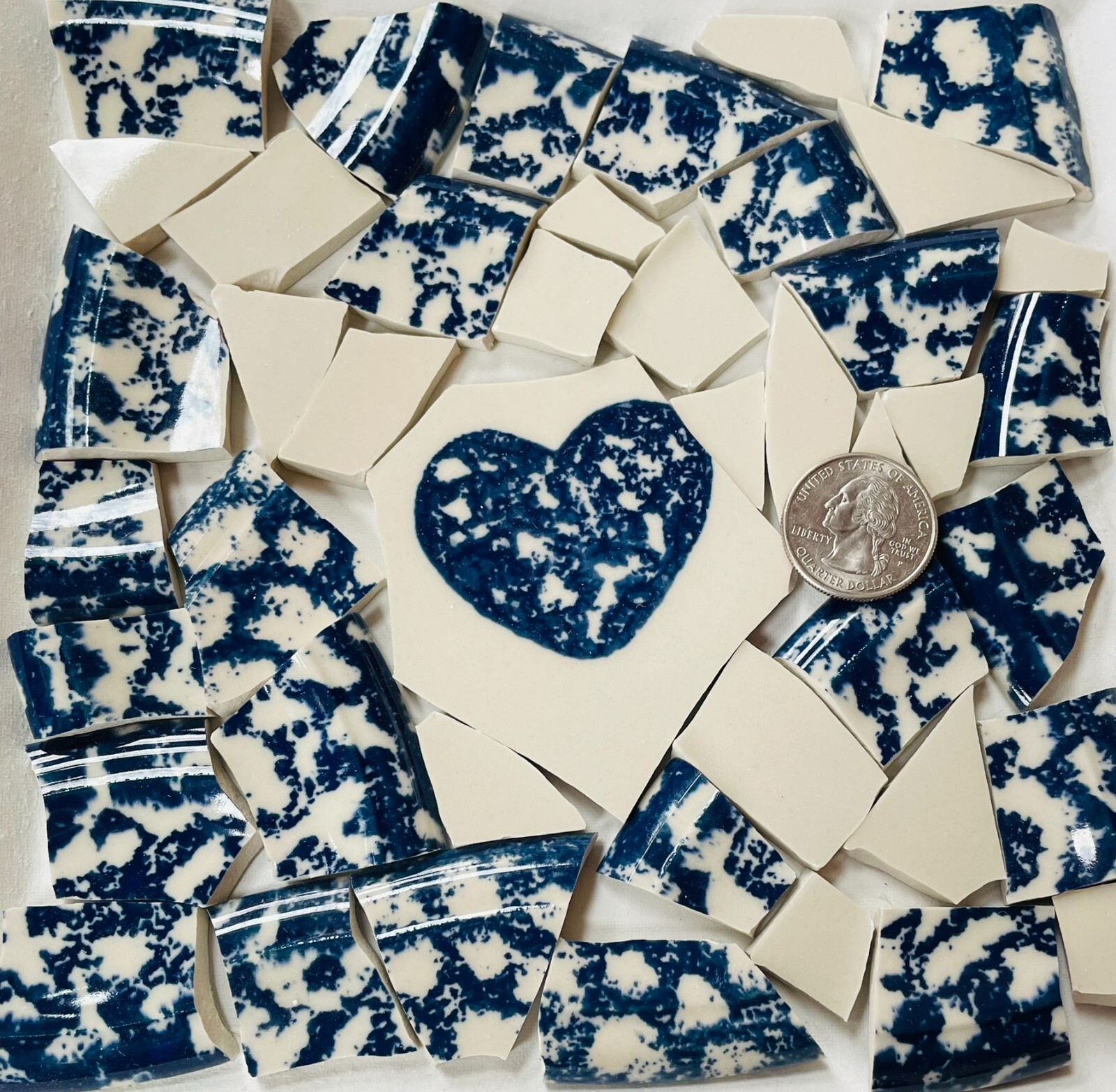 Broken China Mosaic Tile Arts and Craft Supplies – Blue White Heart Tile E807
