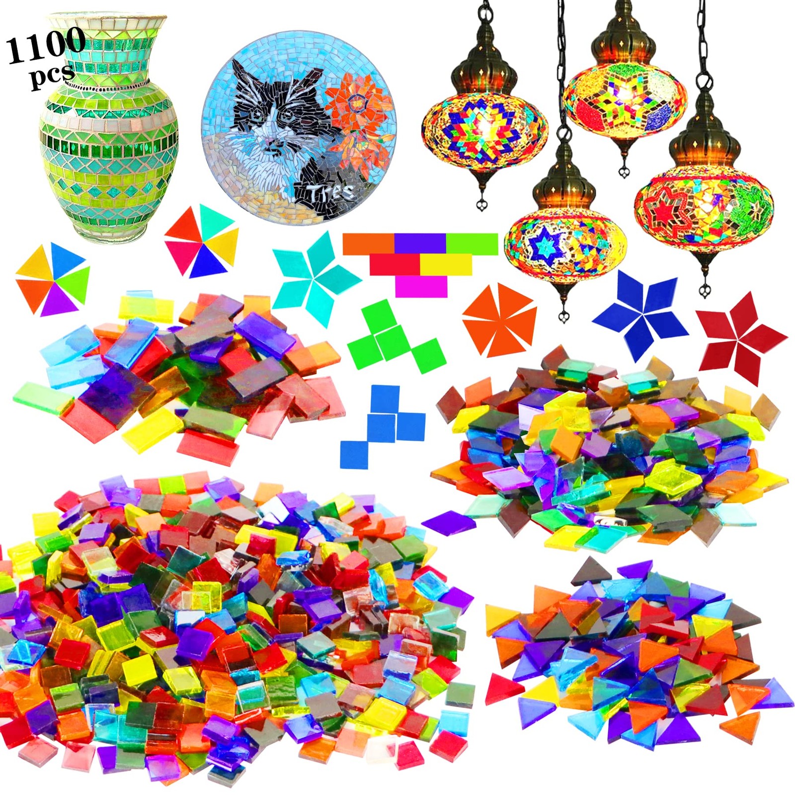 Mosaic Tiles Glass Stained Transparent Mixed Shape 1100 Pcs Bulk for Crafts